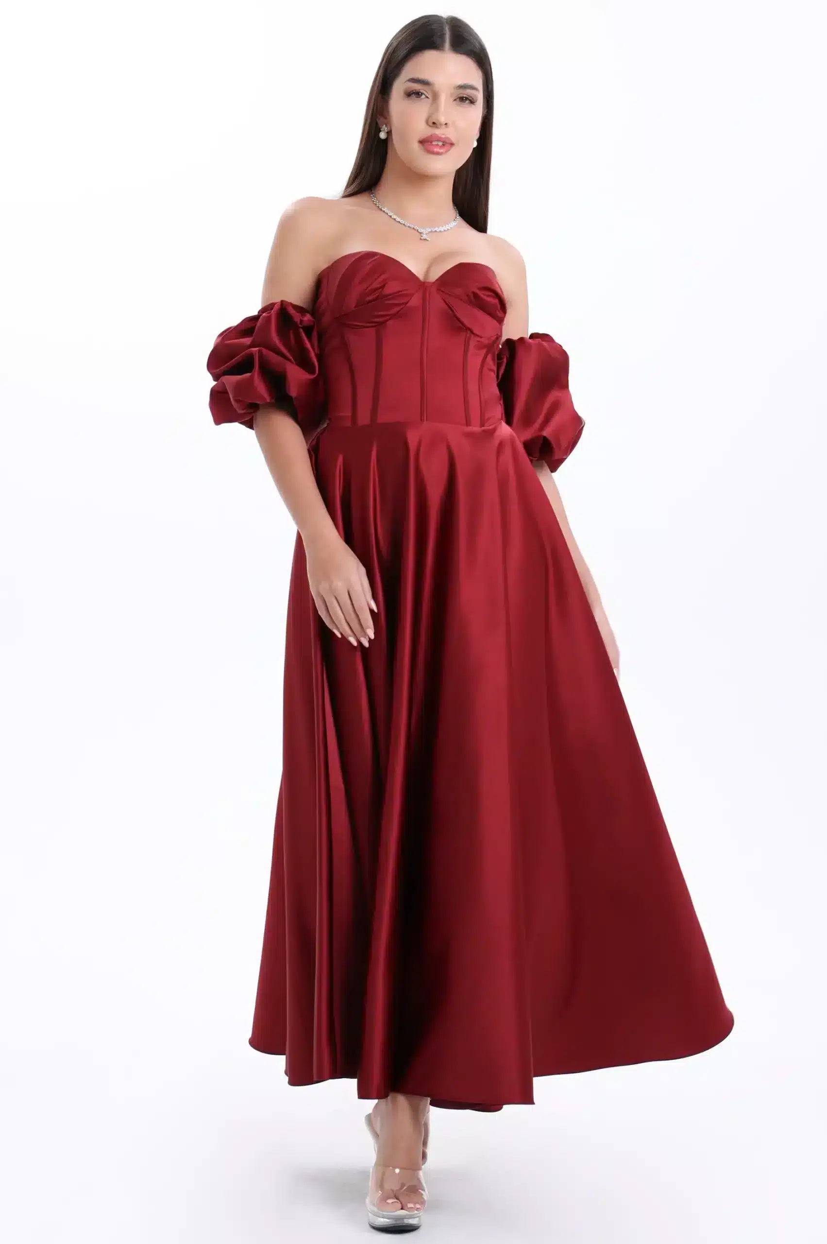 Buff Sleeves Corset Satin Dress