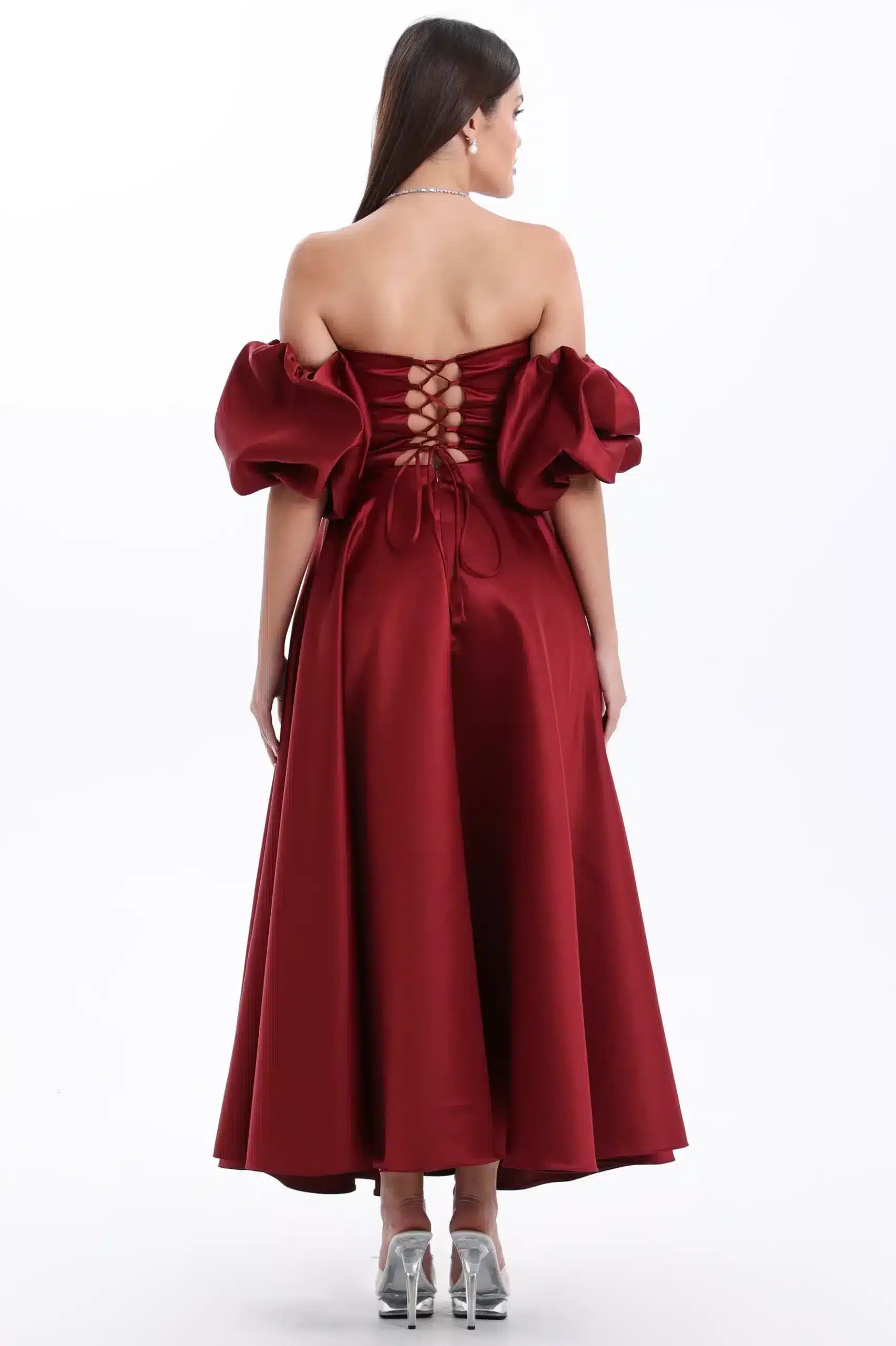 Buff Sleeves Corset Satin Dress