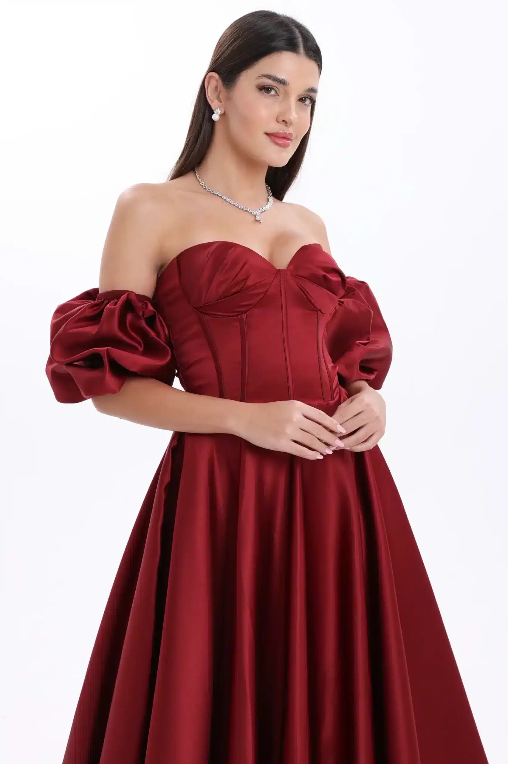 Buff Sleeves Corset Satin Dress