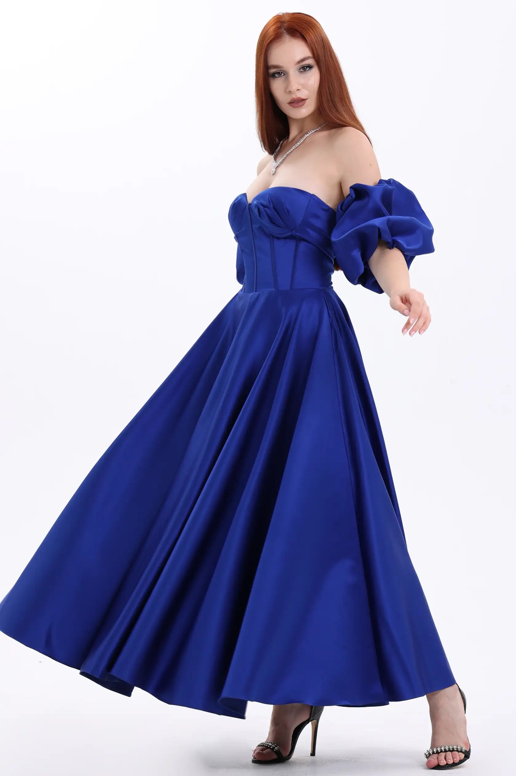 Buff Sleeves Corset Satin Dress