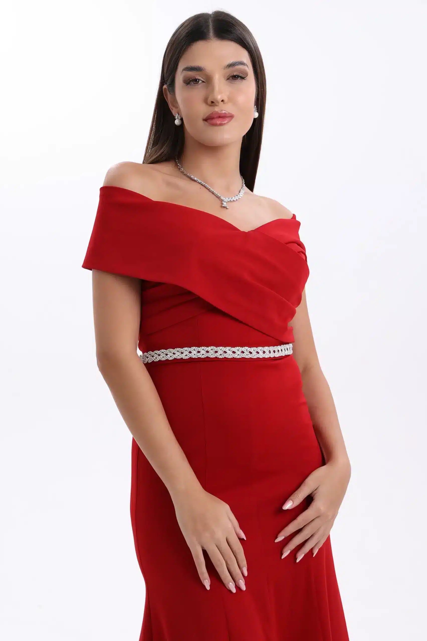 Wrap Bust Off shoulder Crepe Dress