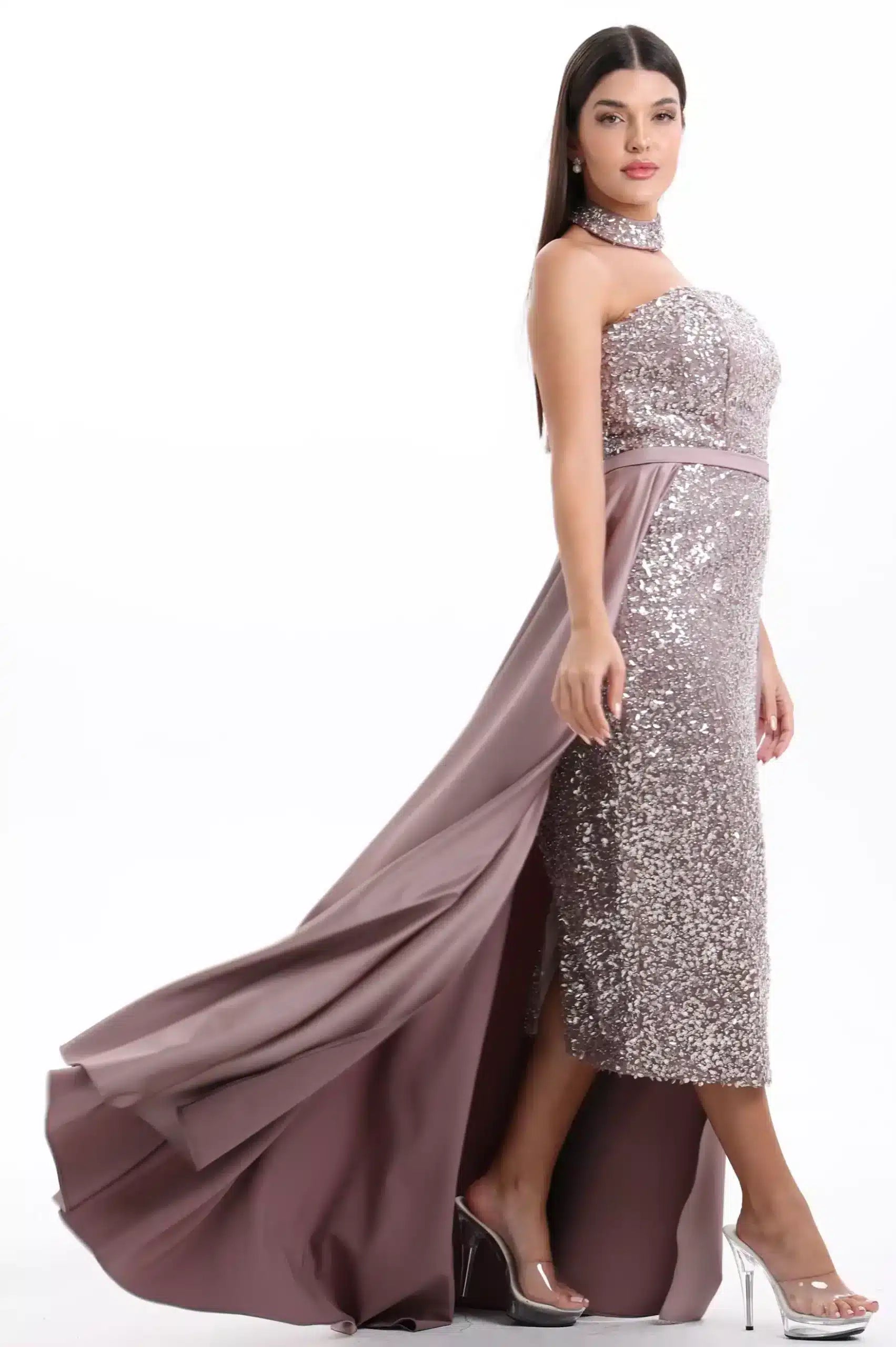 Halter Neck Sequined Satin Dress