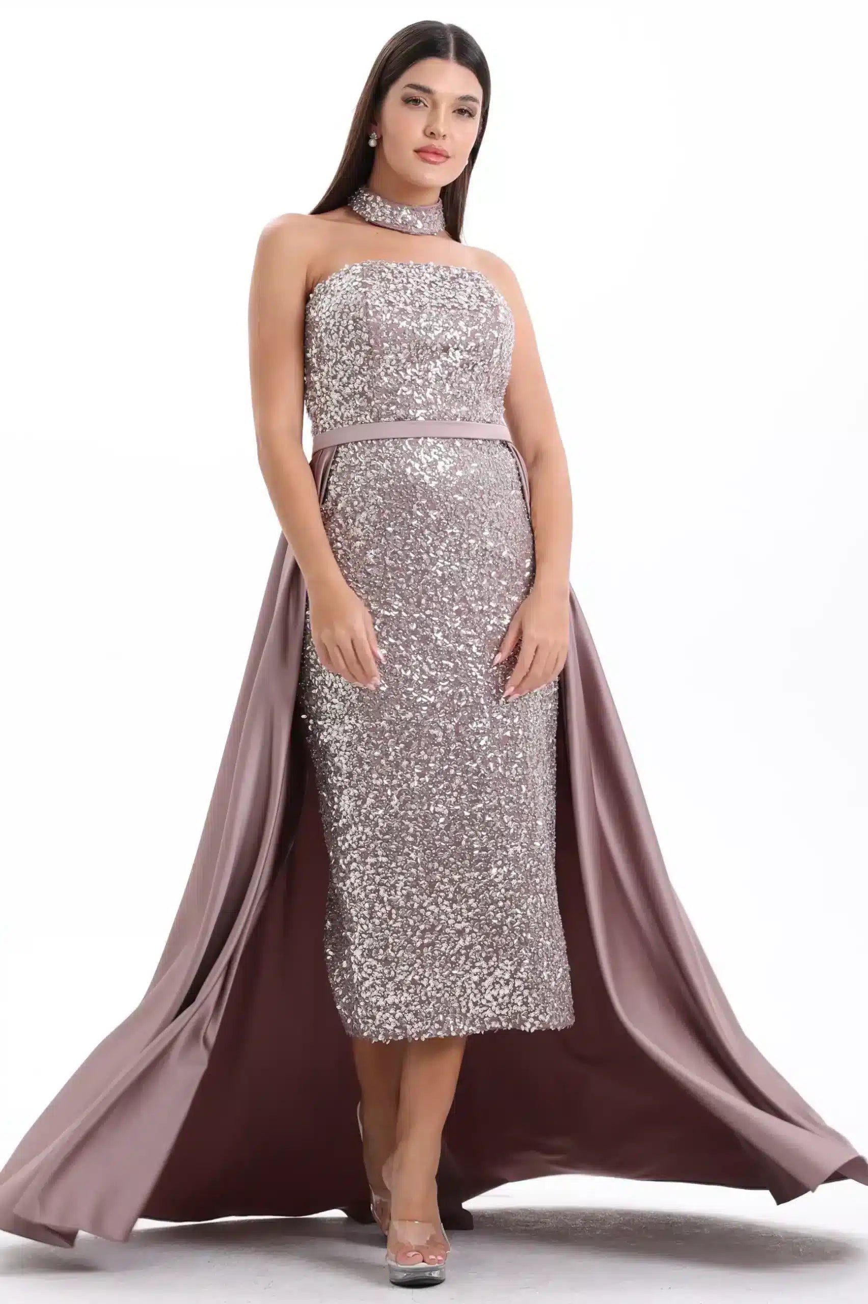 Halter Neck Sequined Satin Dress