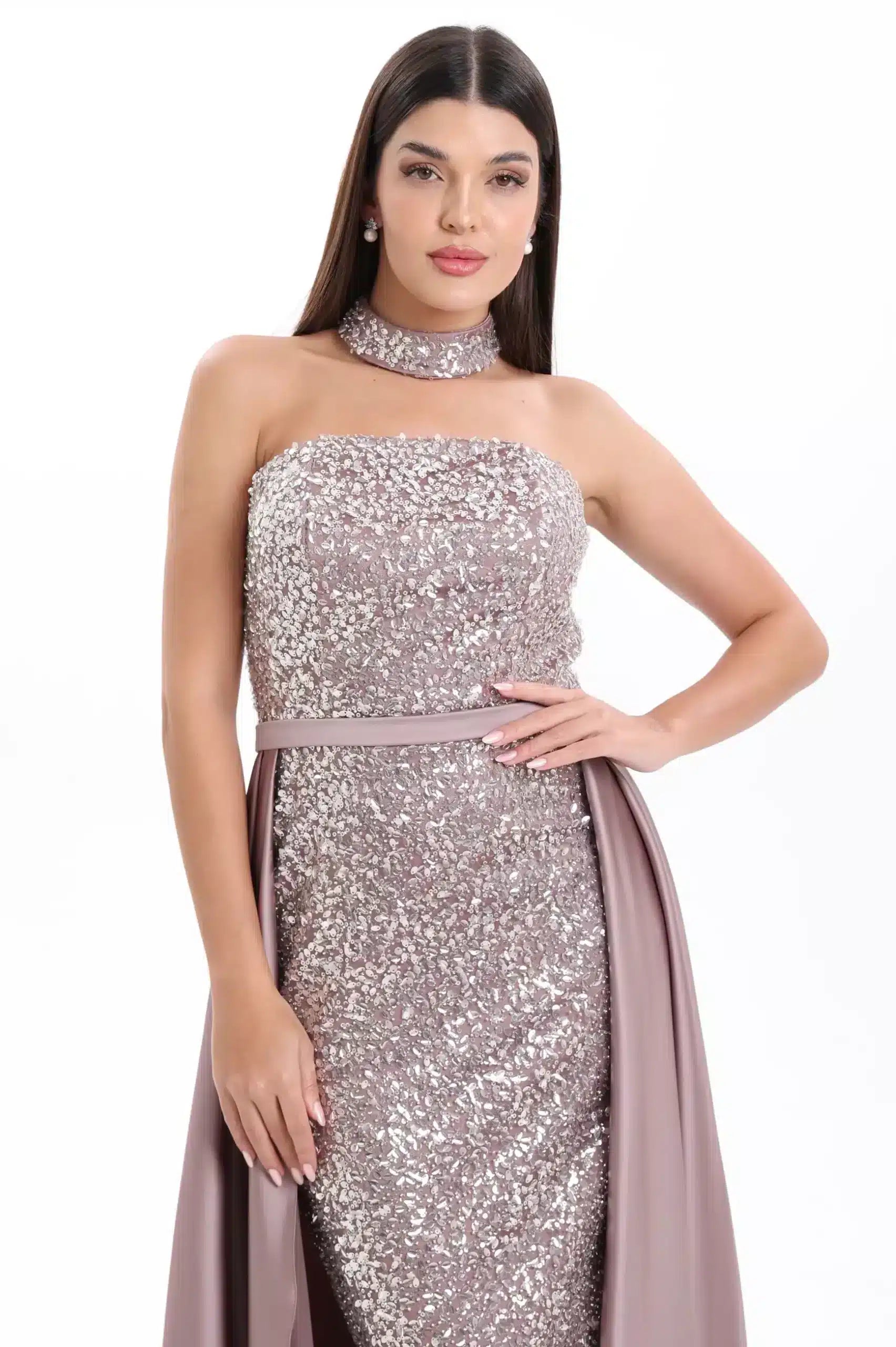 Halter Neck Sequined Satin Dress