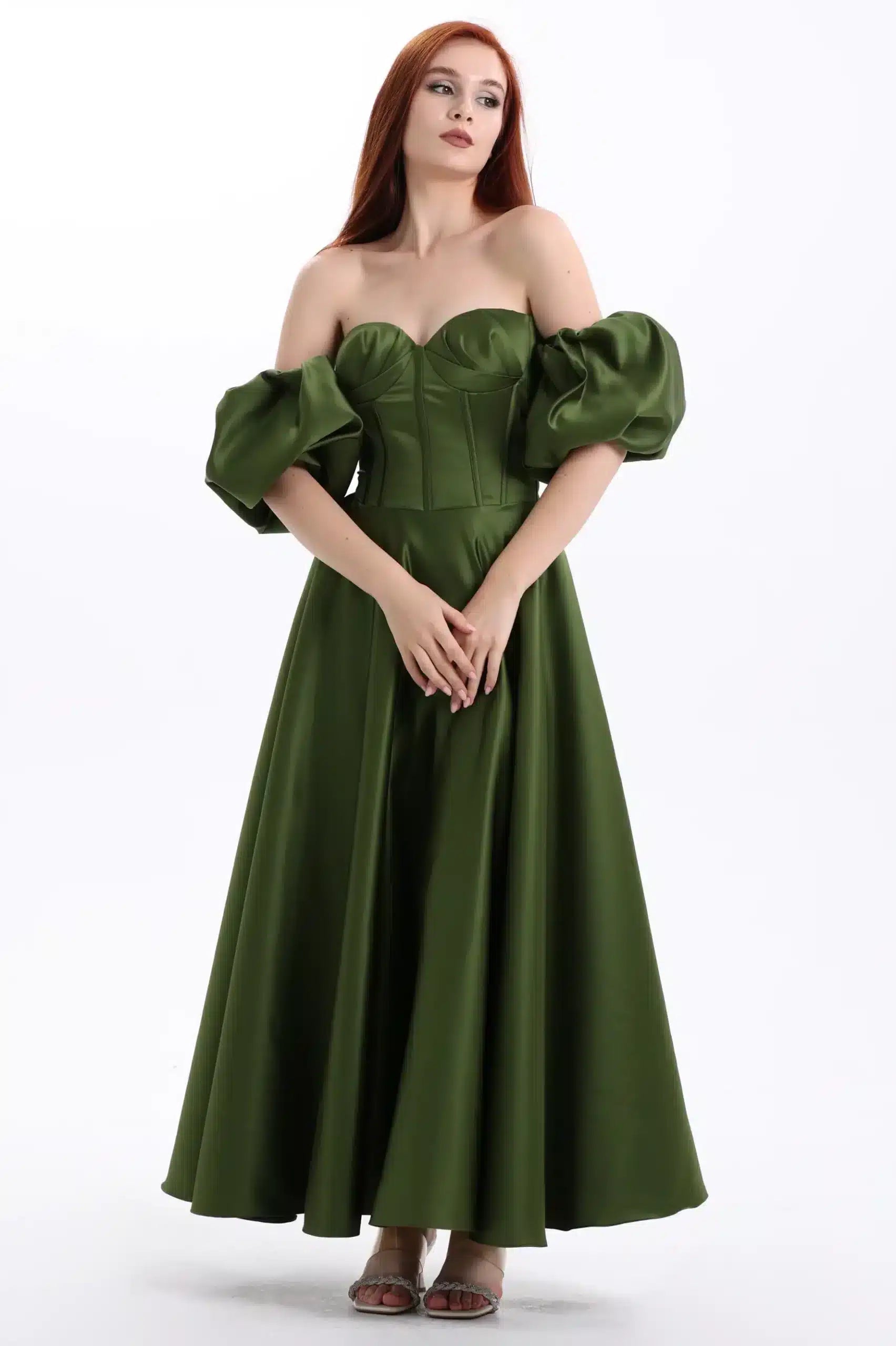 Buff Sleeves Corset Satin Dress