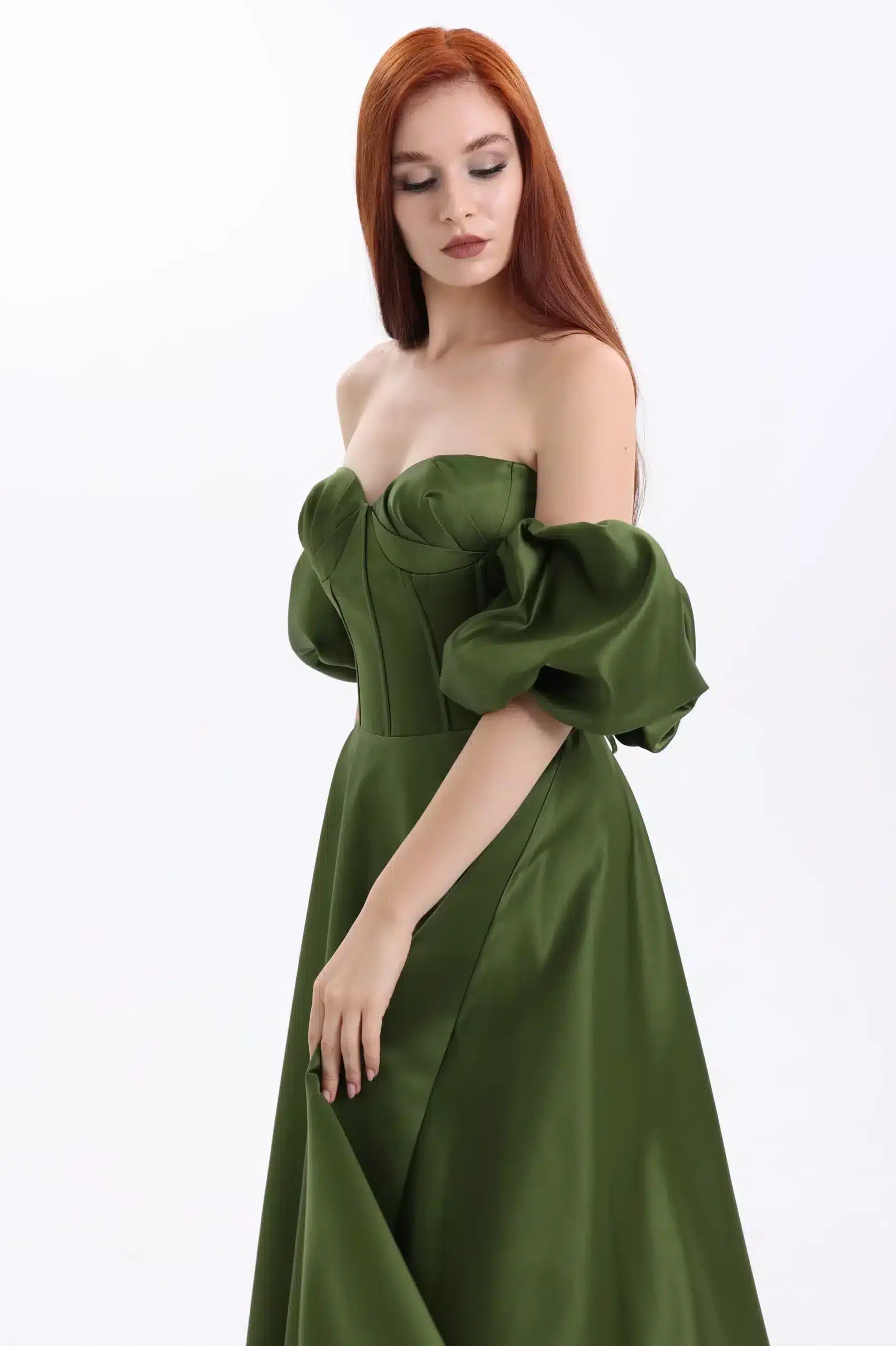 Buff Sleeves Corset Satin Dress