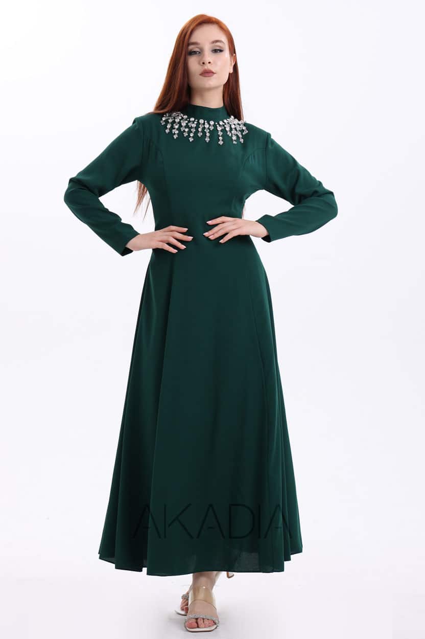 Embellished Neck Crepe Dress