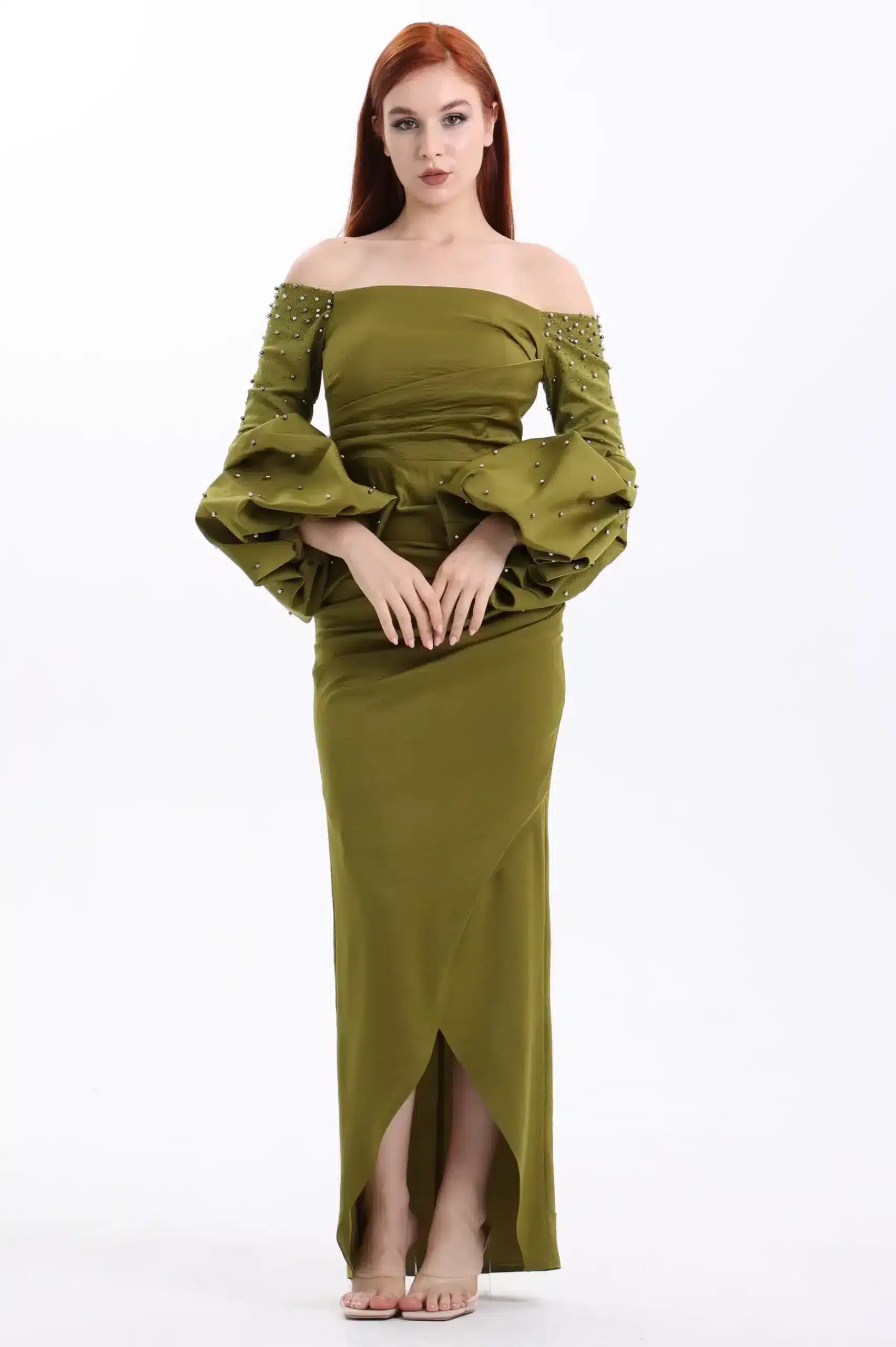 Off Shoulder Buff Sleeves Crystal Dress