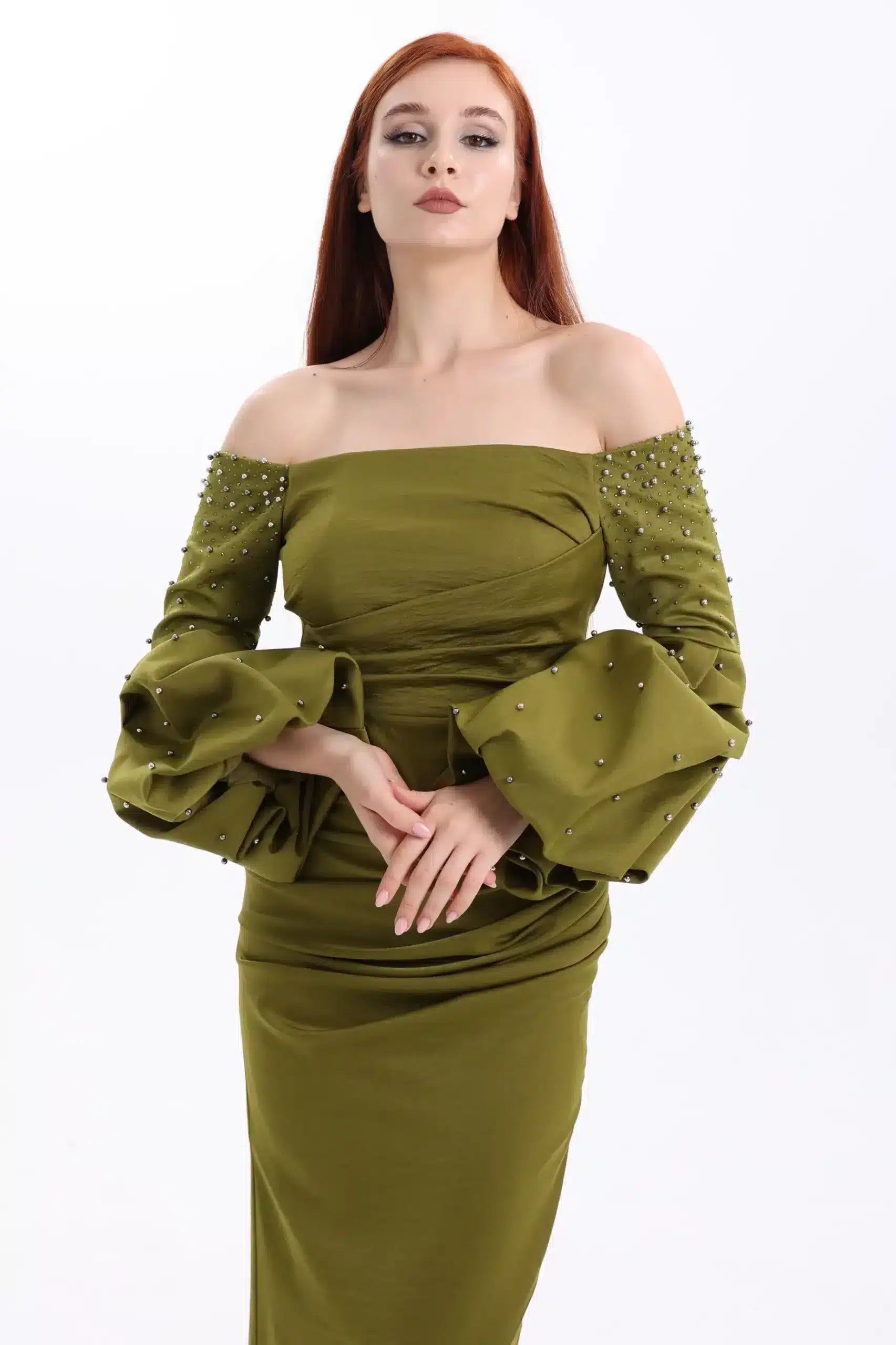 Off Shoulder Buff Sleeves Crystal Dress