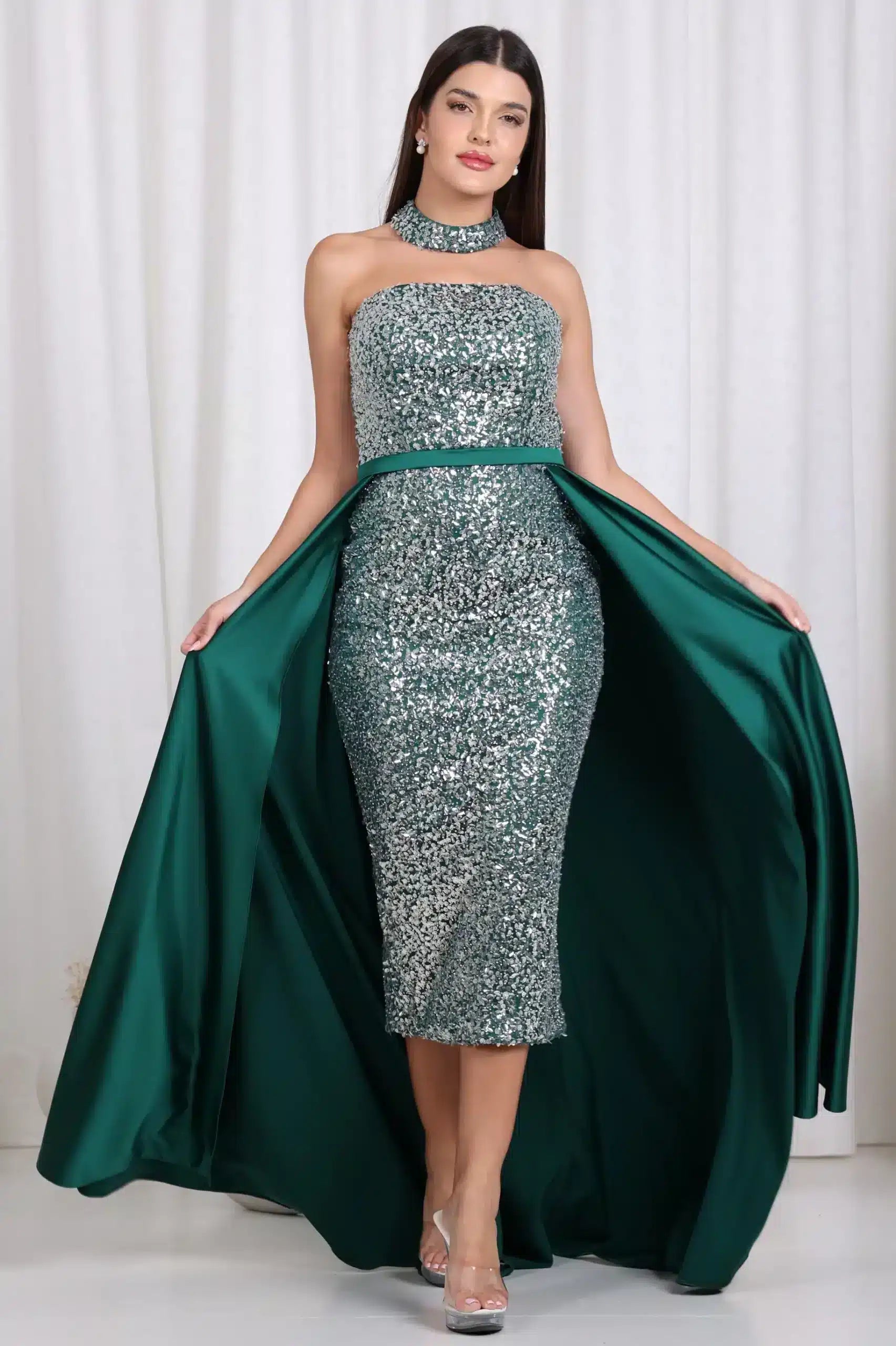 Halter Neck Sequined Satin Dress