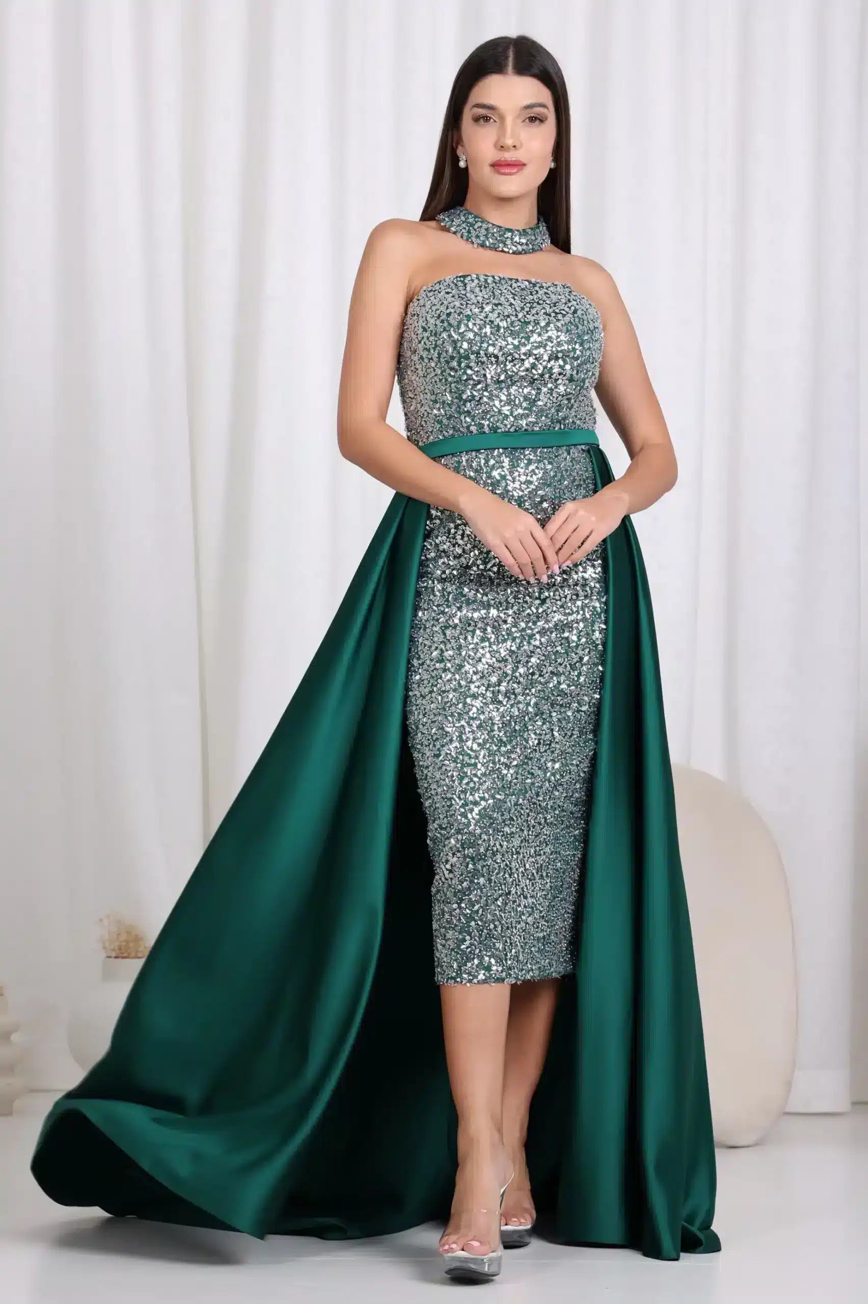 Halter Neck Sequined Satin Dress