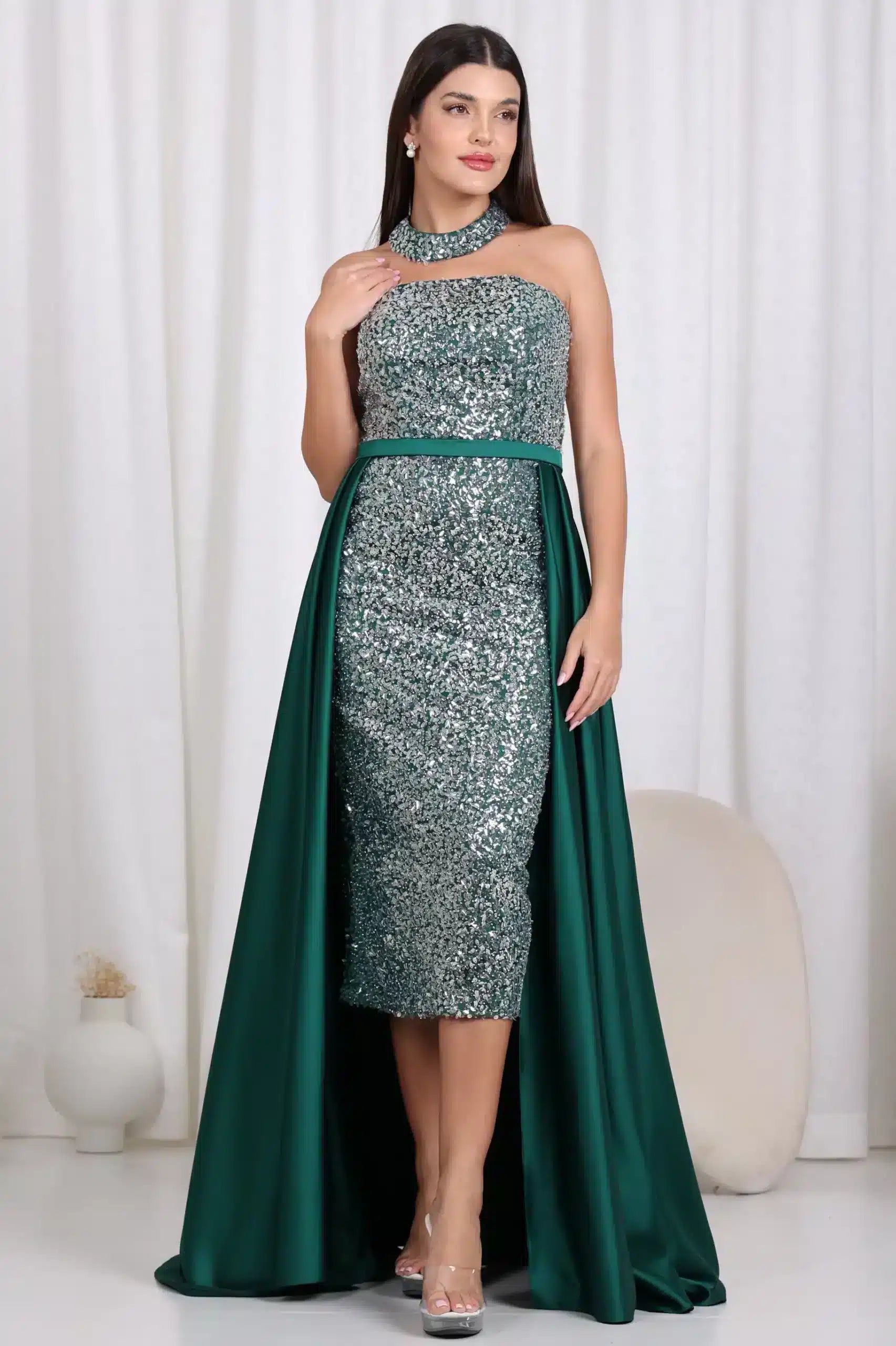 Halter Neck Sequined Satin Dress