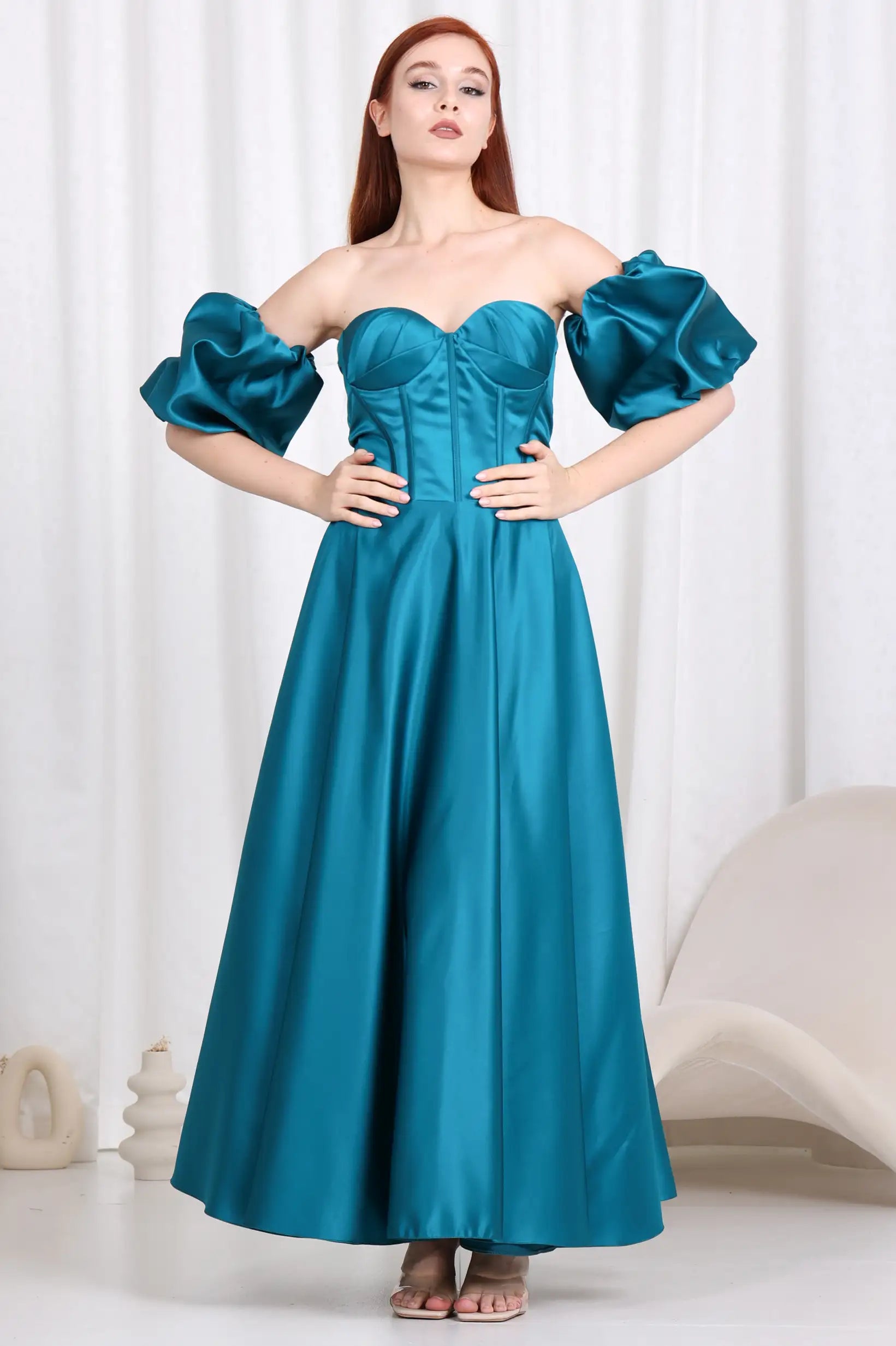Buff Sleeves Corset Satin Dress
