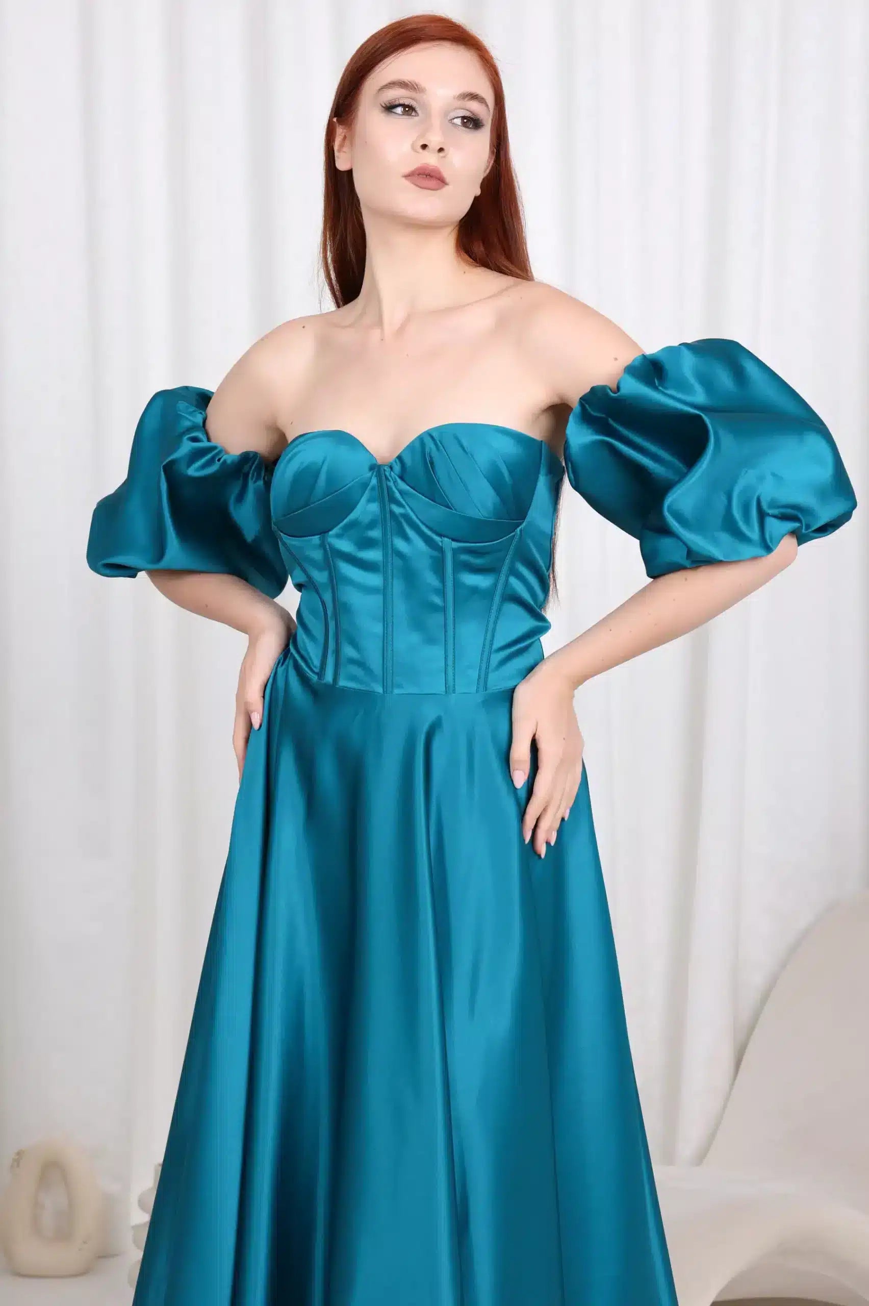 Buff Sleeves Corset Satin Dress