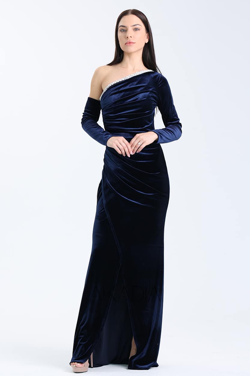 Embellished Pleated Shoulder Velvet Dress