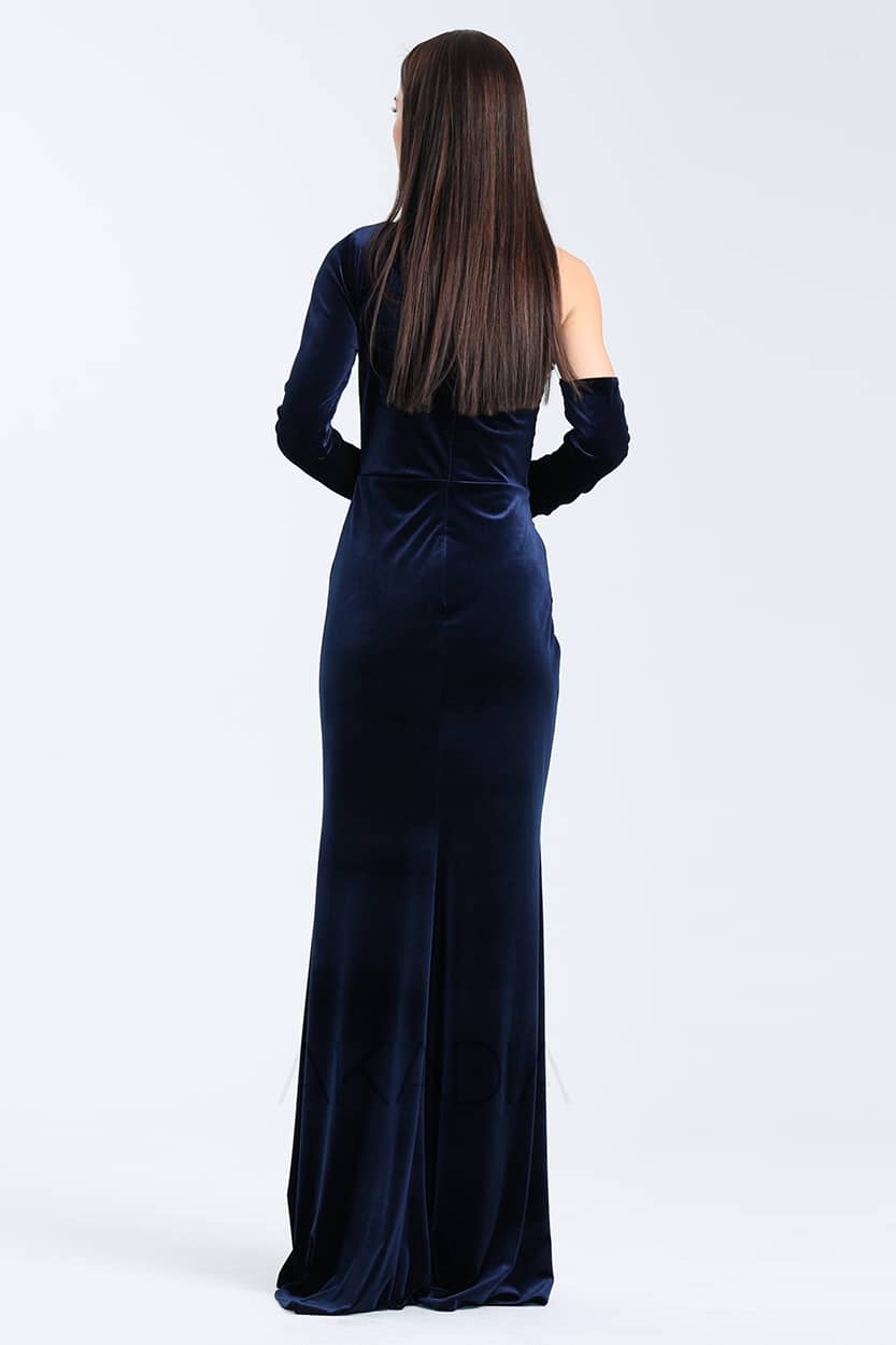 Embellished Pleated Shoulder Velvet Dress