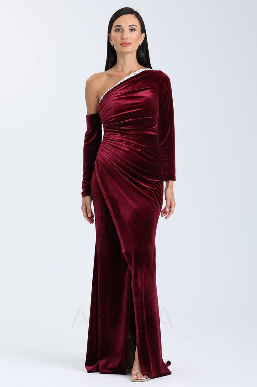 Embellished Pleated Shoulder Velvet Dress