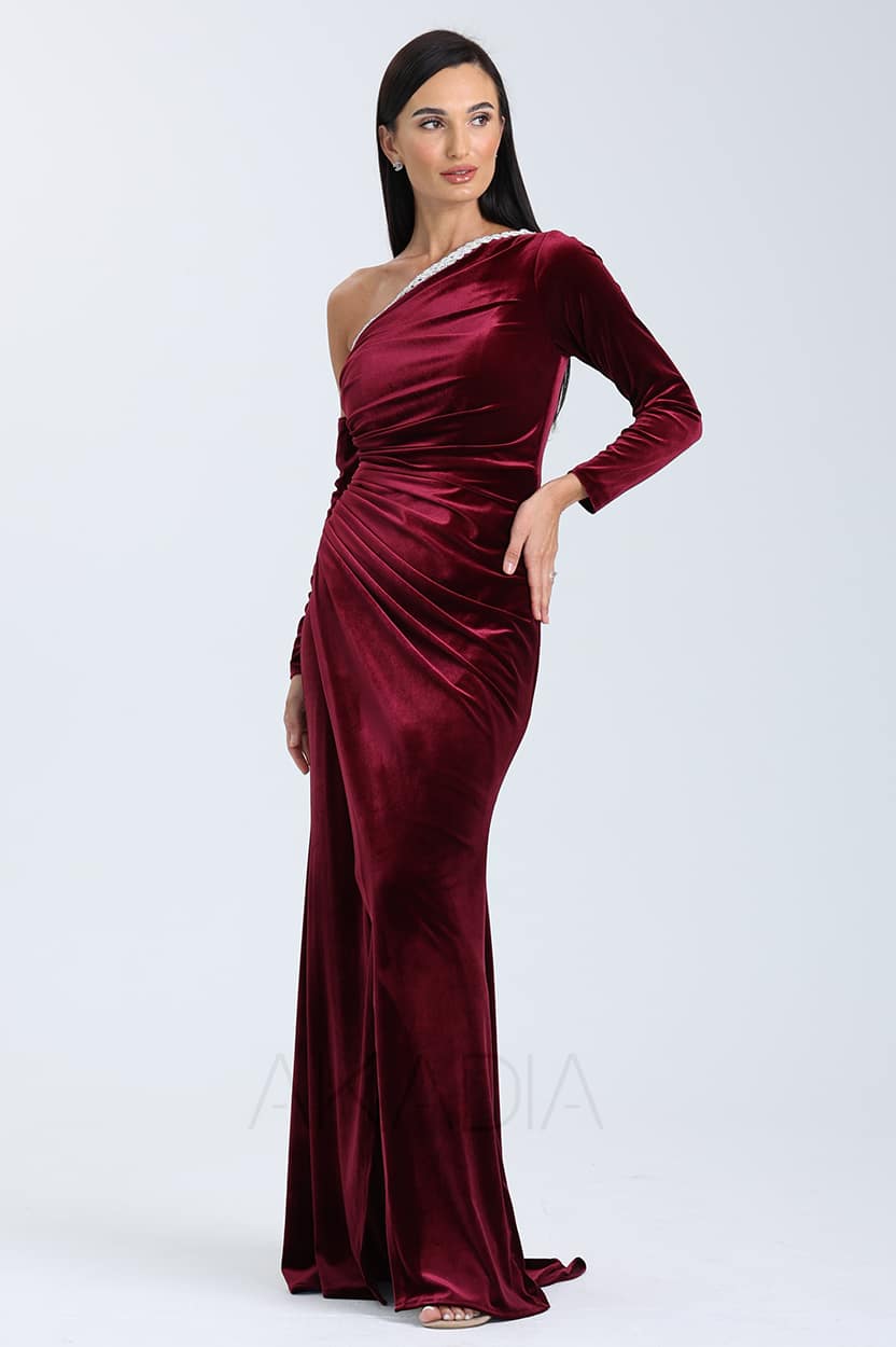 Embellished Pleated Shoulder Velvet Dress