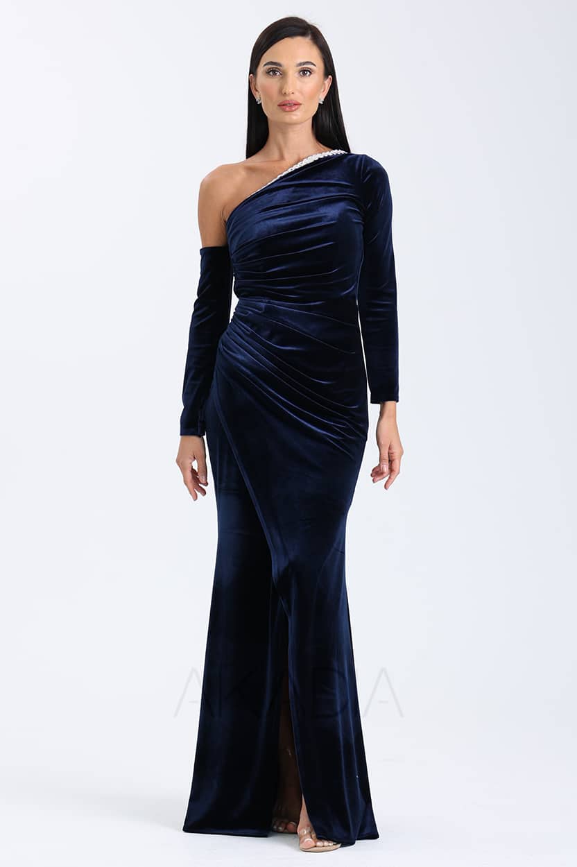 Embellished Pleated Shoulder Velvet Dress