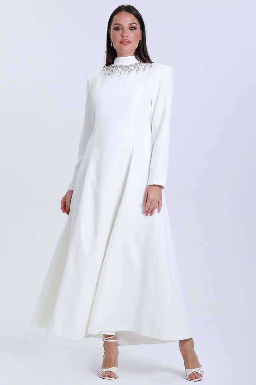 Embellished Neck Crepe Dress