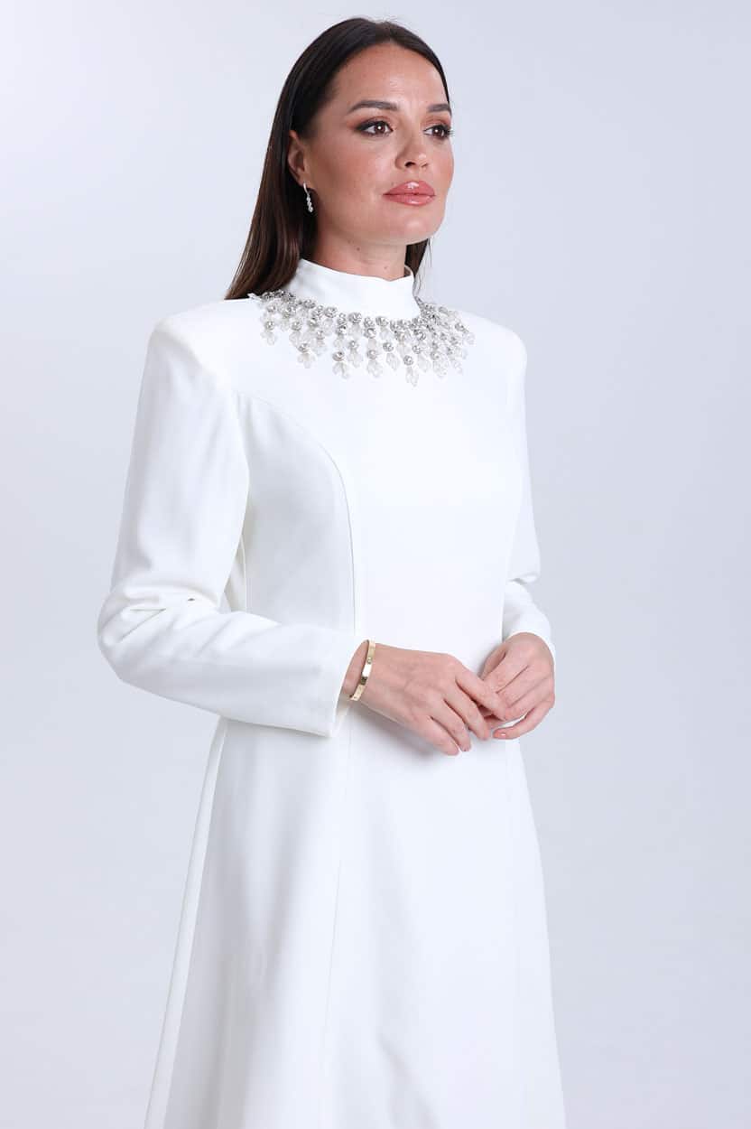 Embellished Neck Crepe Dress