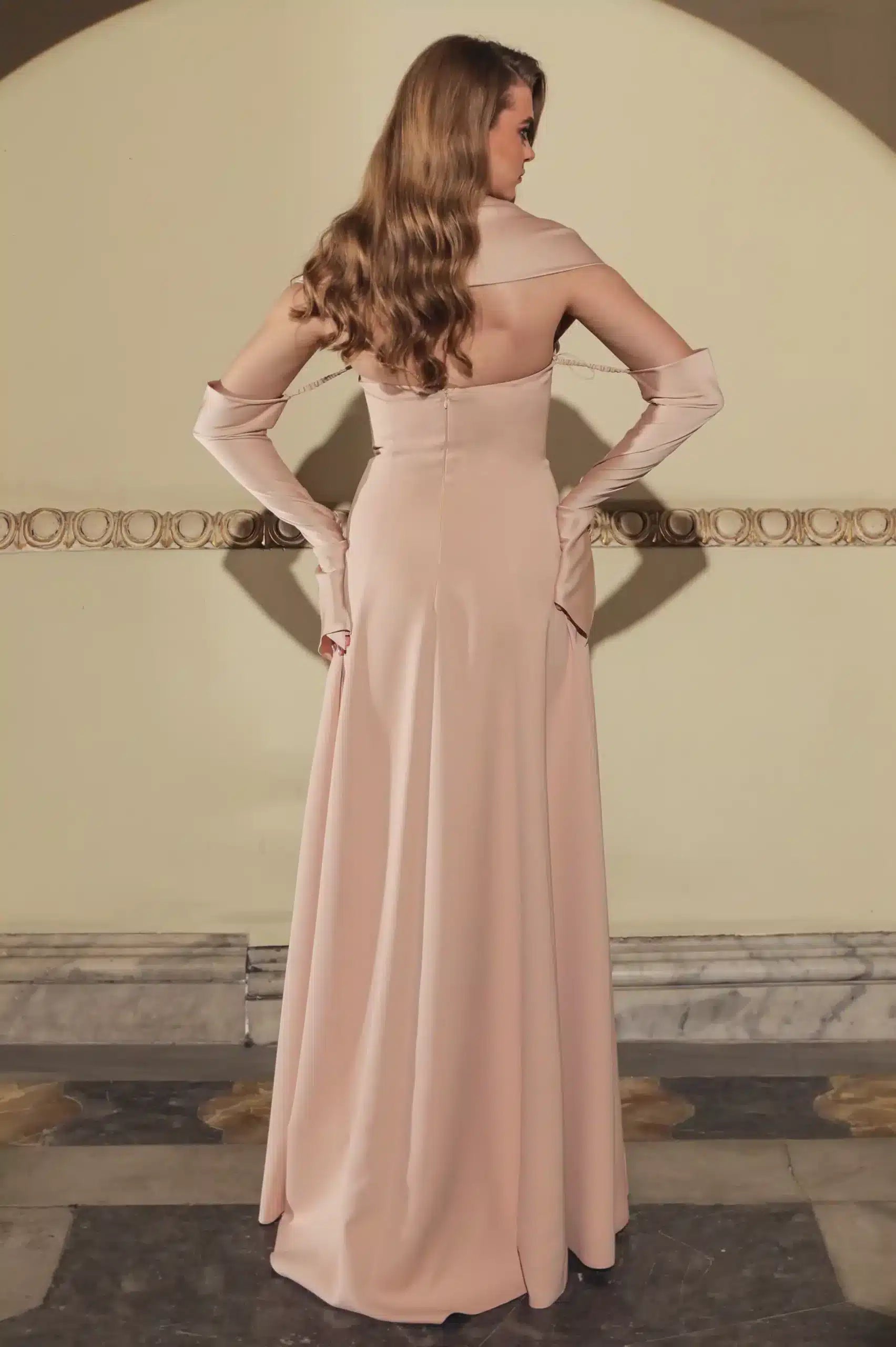 Draped Off Shoulder Crepe Dress