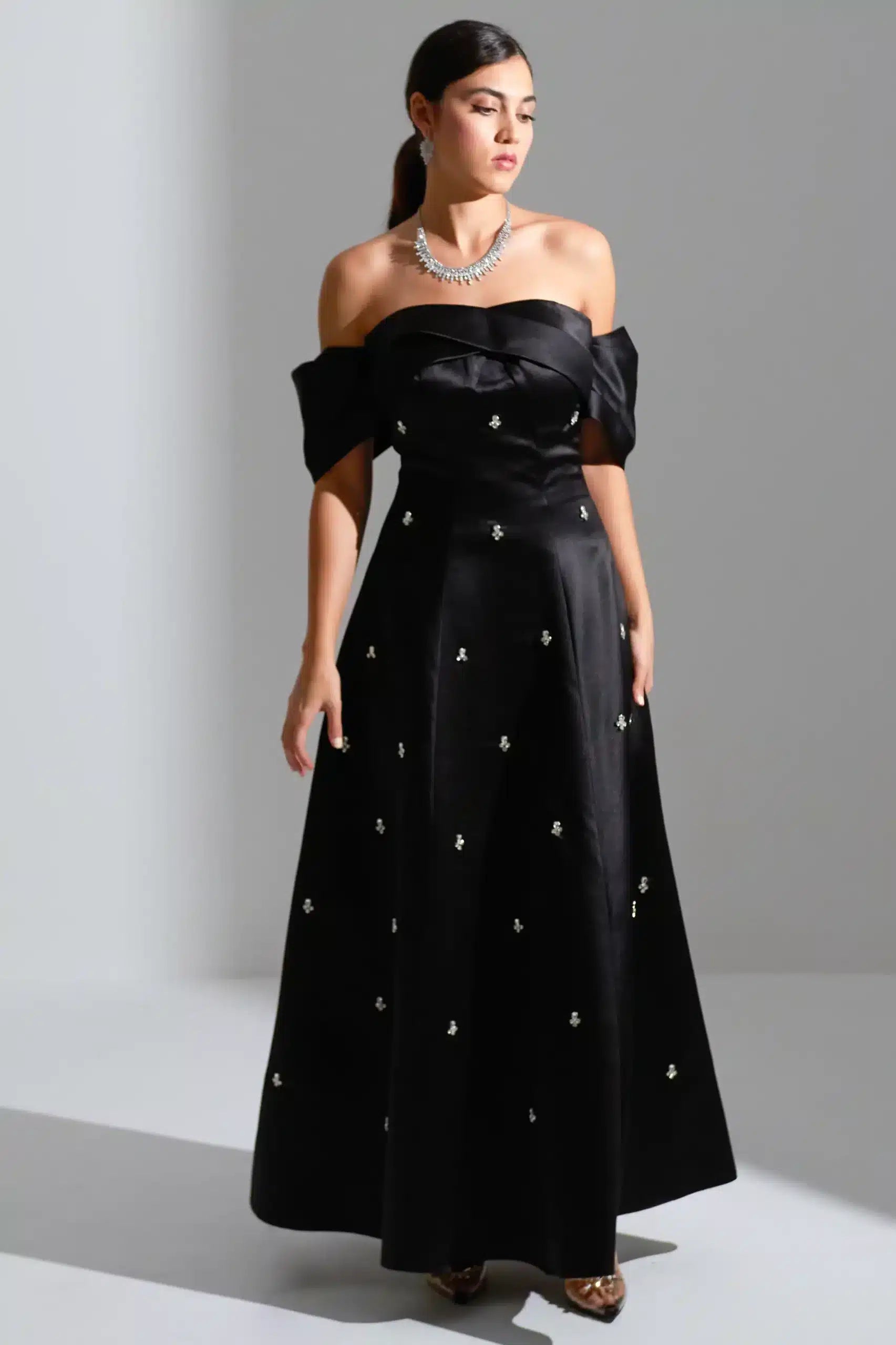 A-Line Off Shoulder Satin Dress