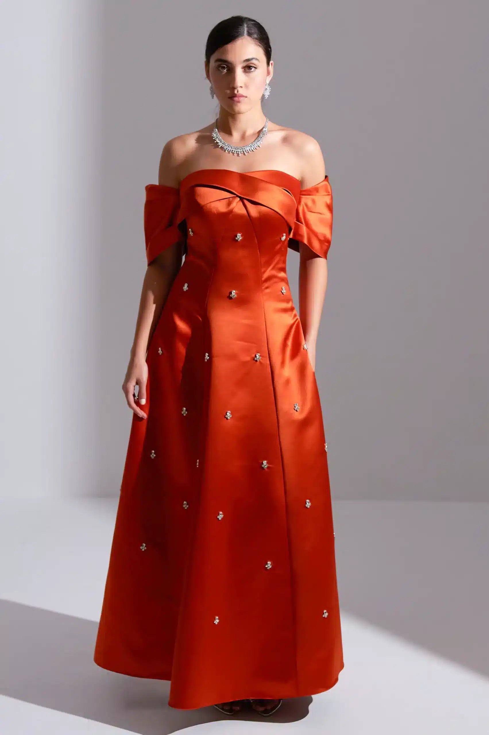 A-Line Off Shoulder Satin Dress