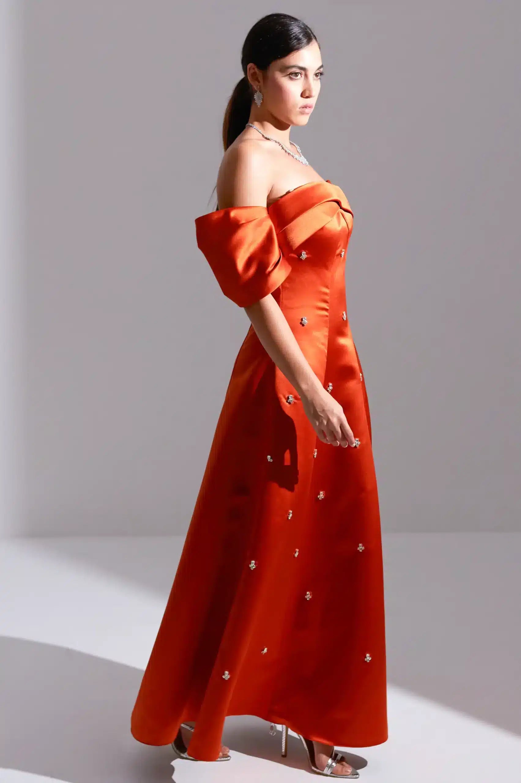 A-Line Off Shoulder Satin Dress