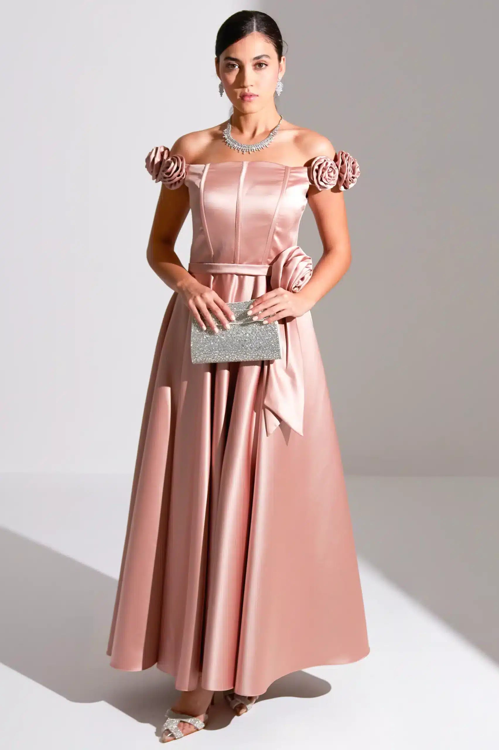 A-Line Rose Details Satin Dress
