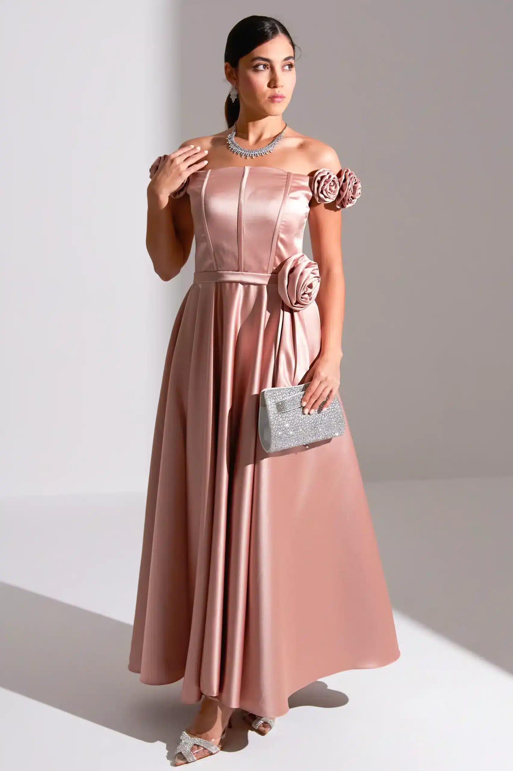 A-Line Rose Details Satin Dress