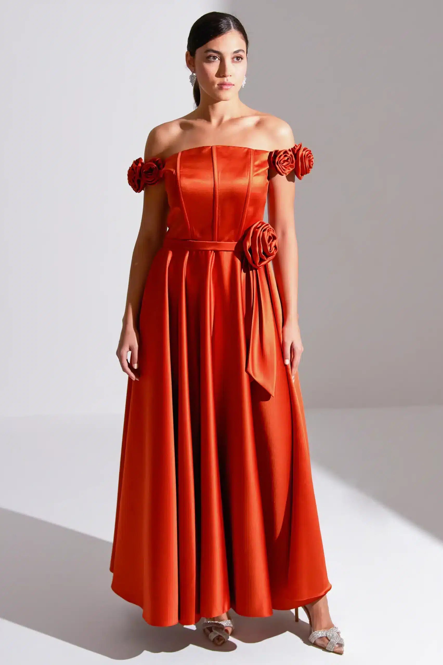 A-Line Rose Details Satin Dress