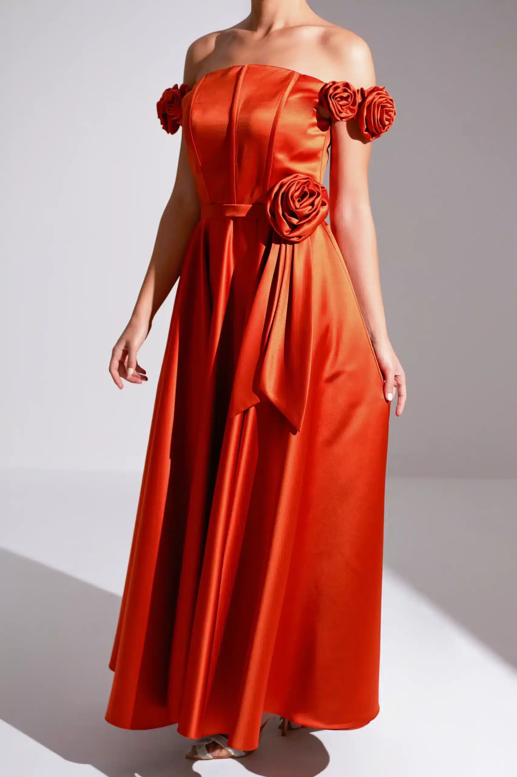 A-Line Rose Details Satin Dress