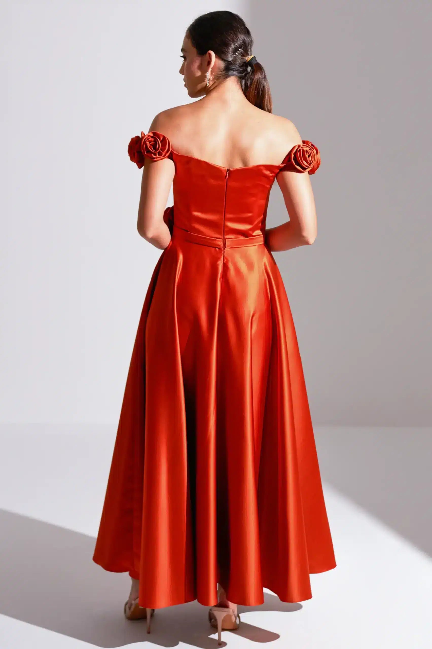 A-Line Rose Details Satin Dress