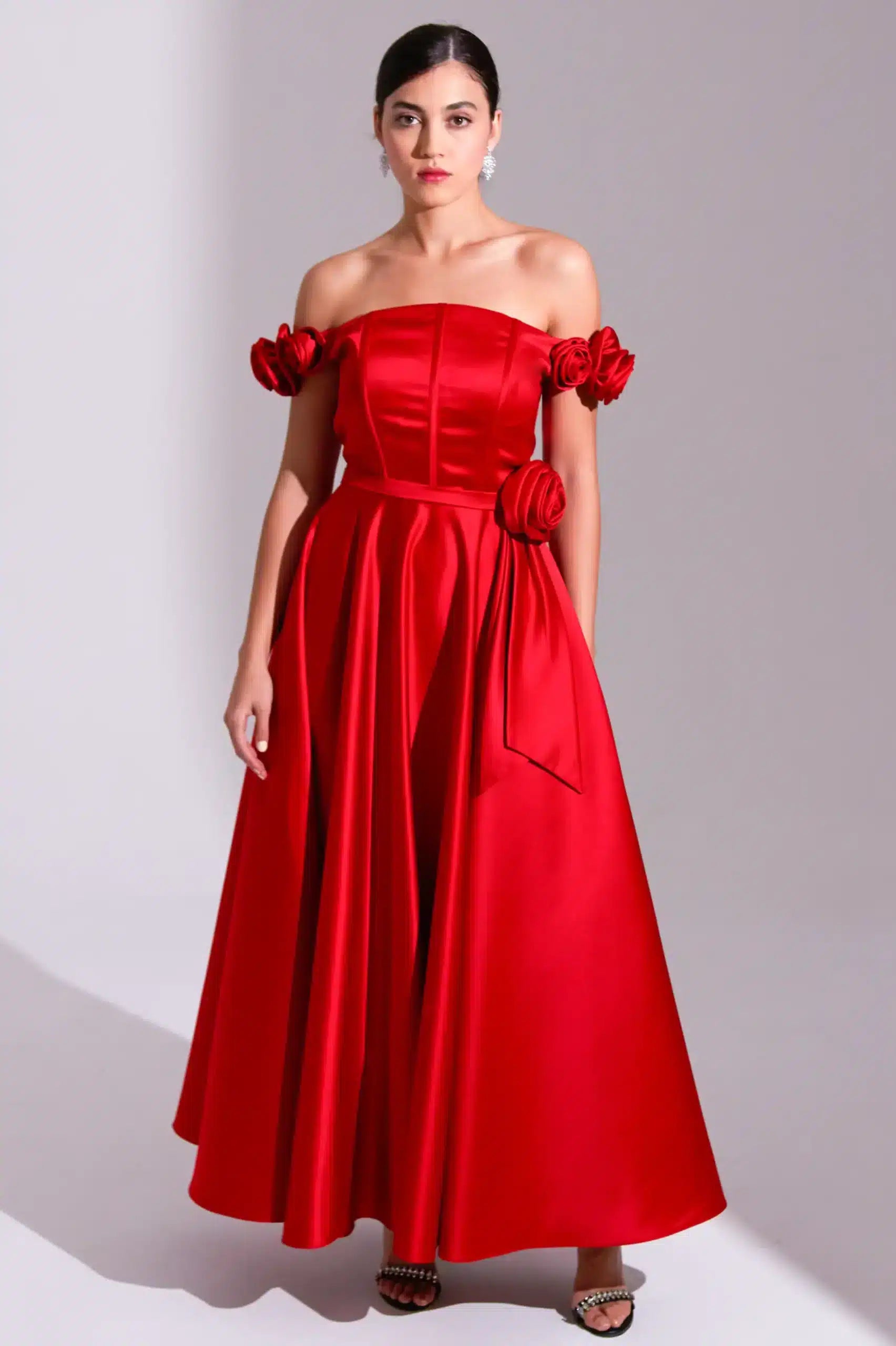 A-Line Rose Details Satin Dress