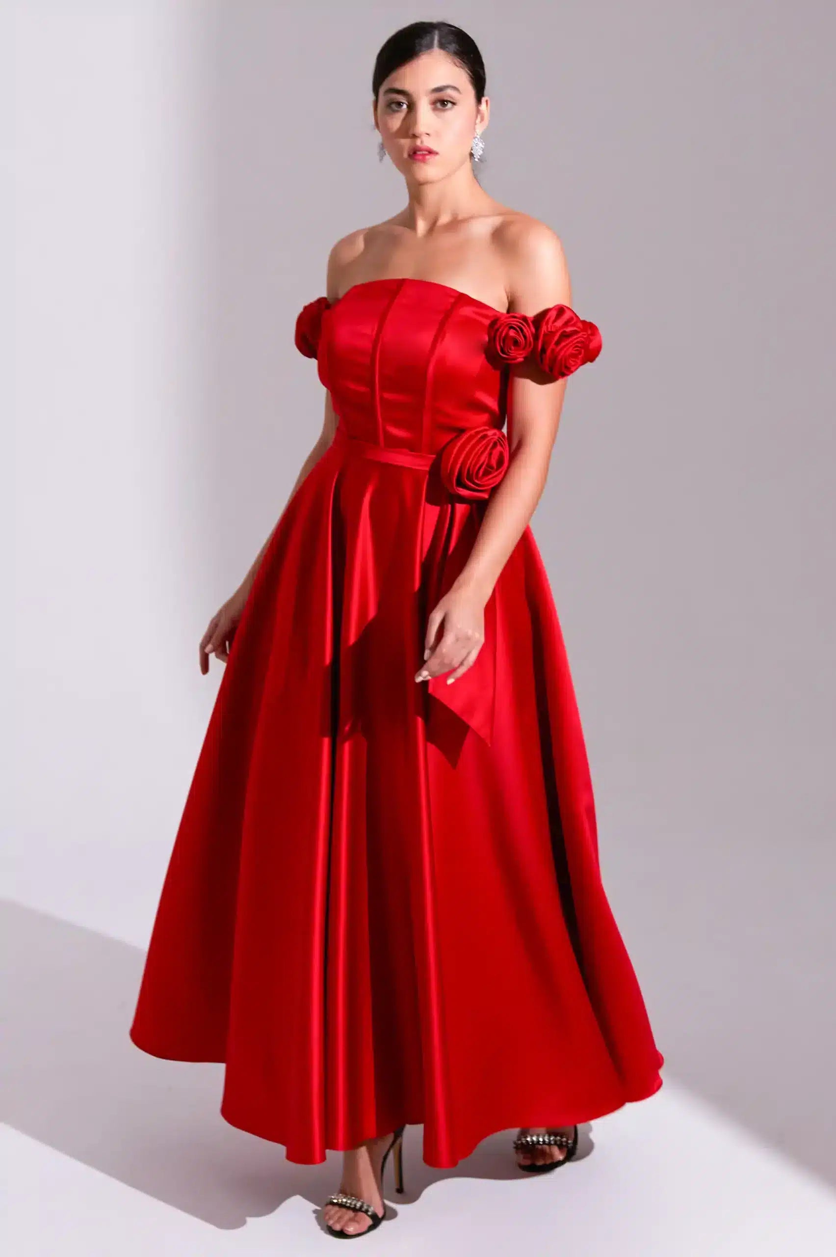 A-Line Rose Details Satin Dress