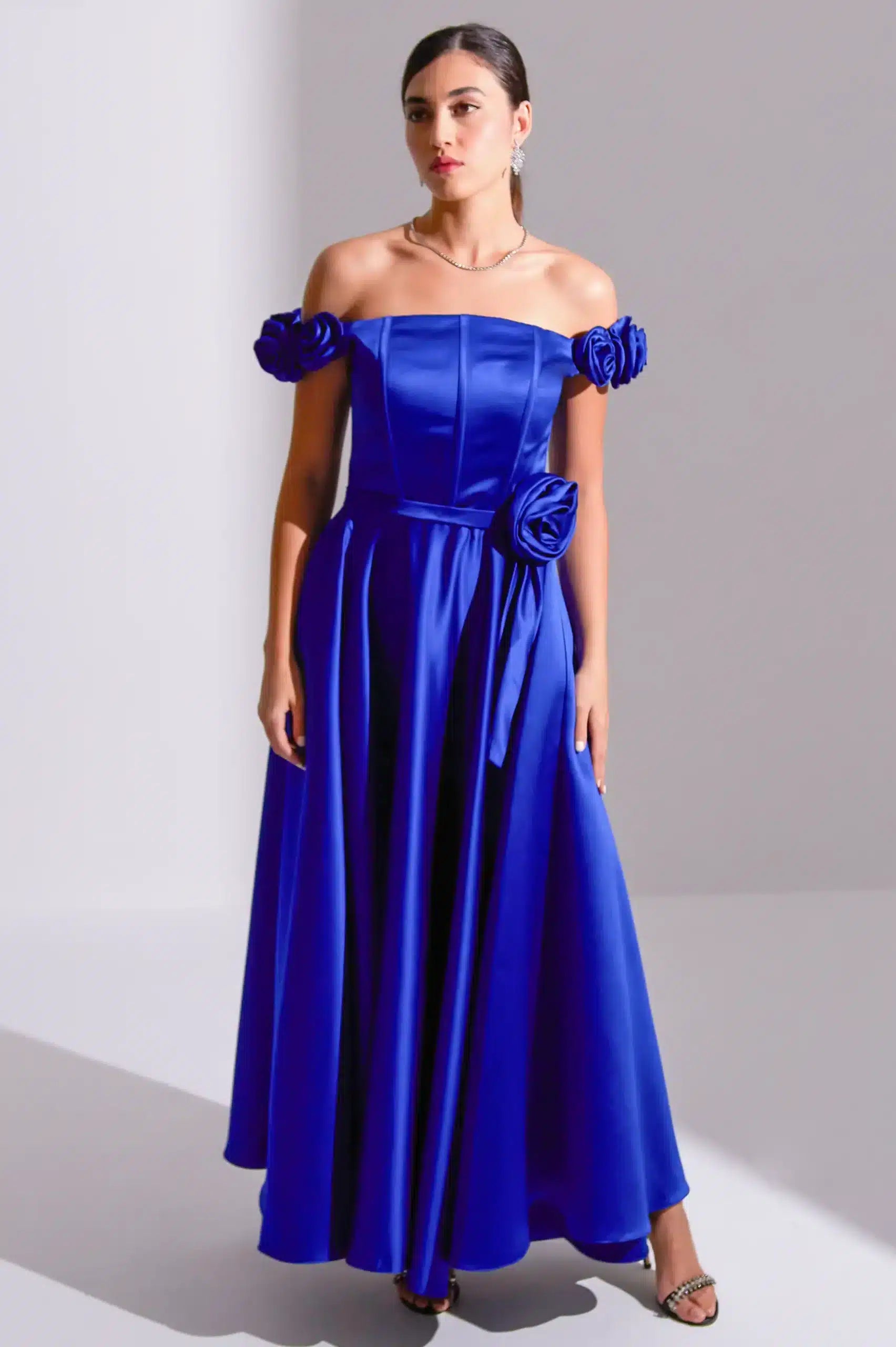 A-Line Rose Details Satin Dress