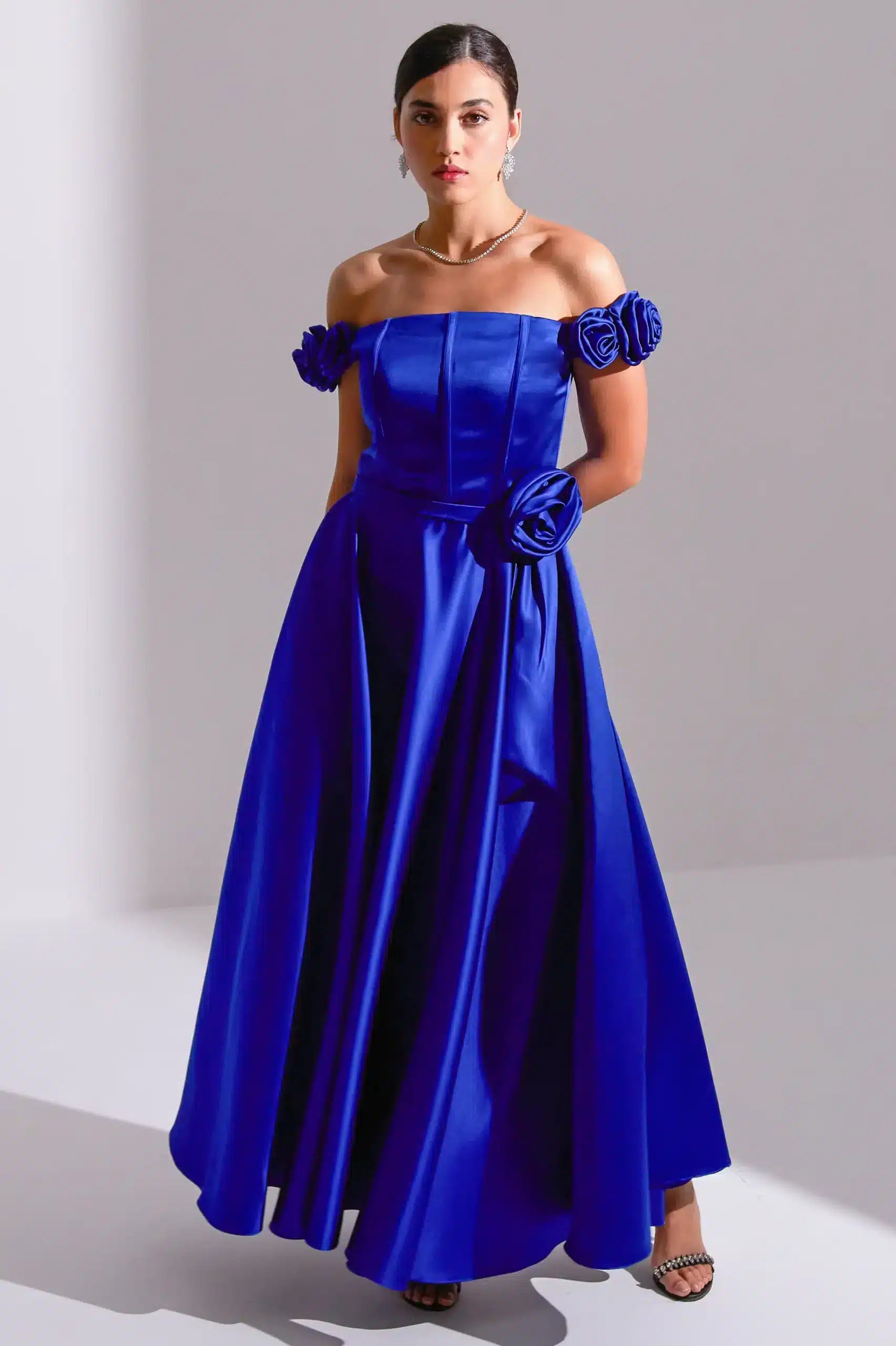 A-Line Rose Details Satin Dress