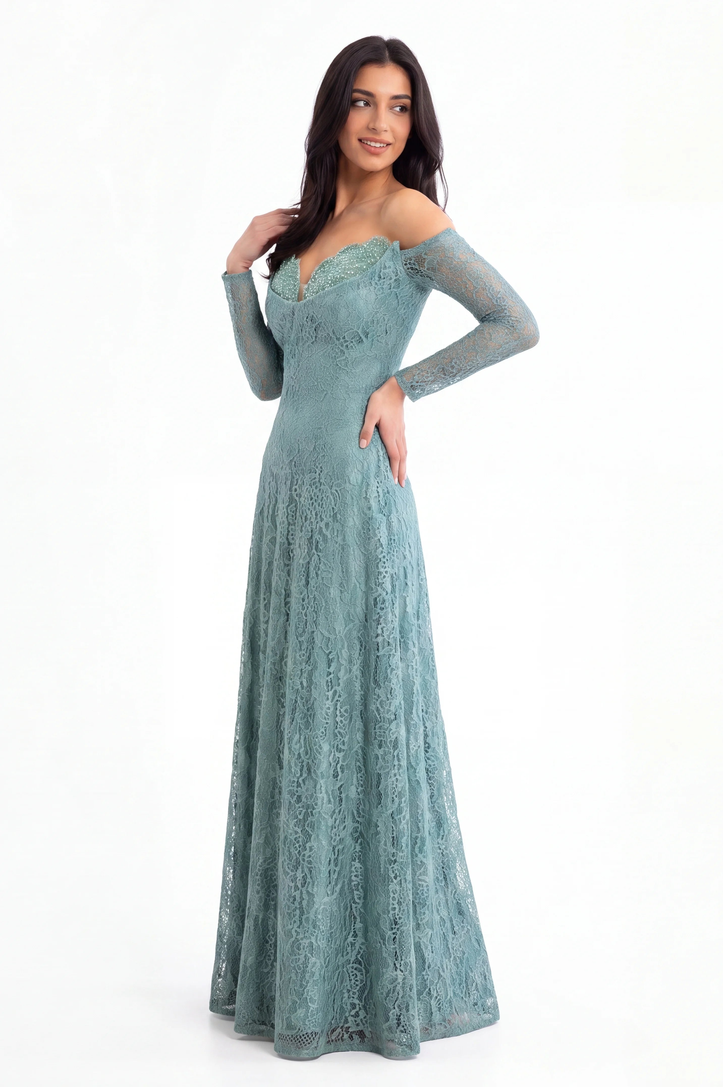 A Line Panels Bended Bust Dantel Dress