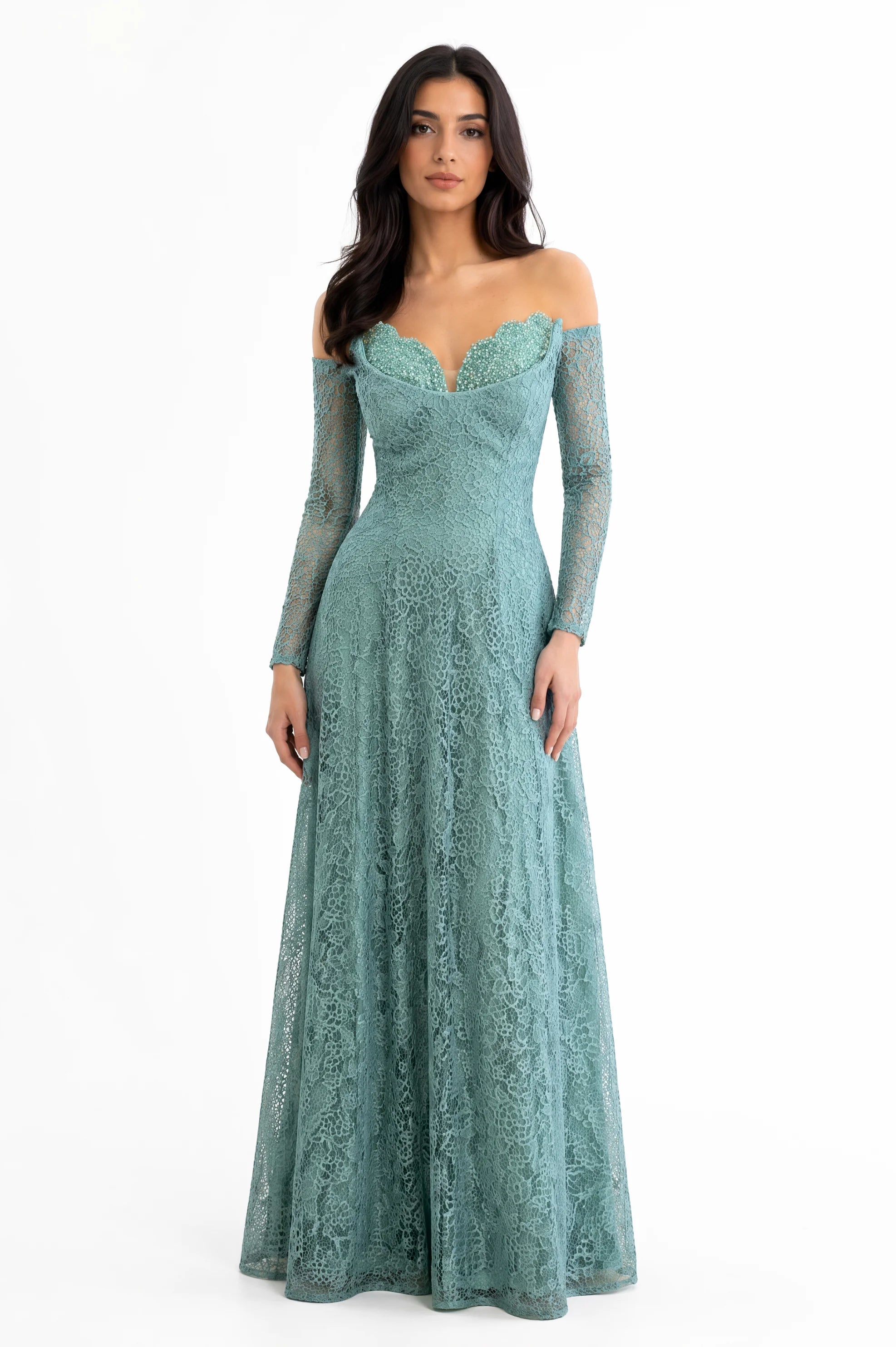 A Line Panels Bended Bust Dantel Dress