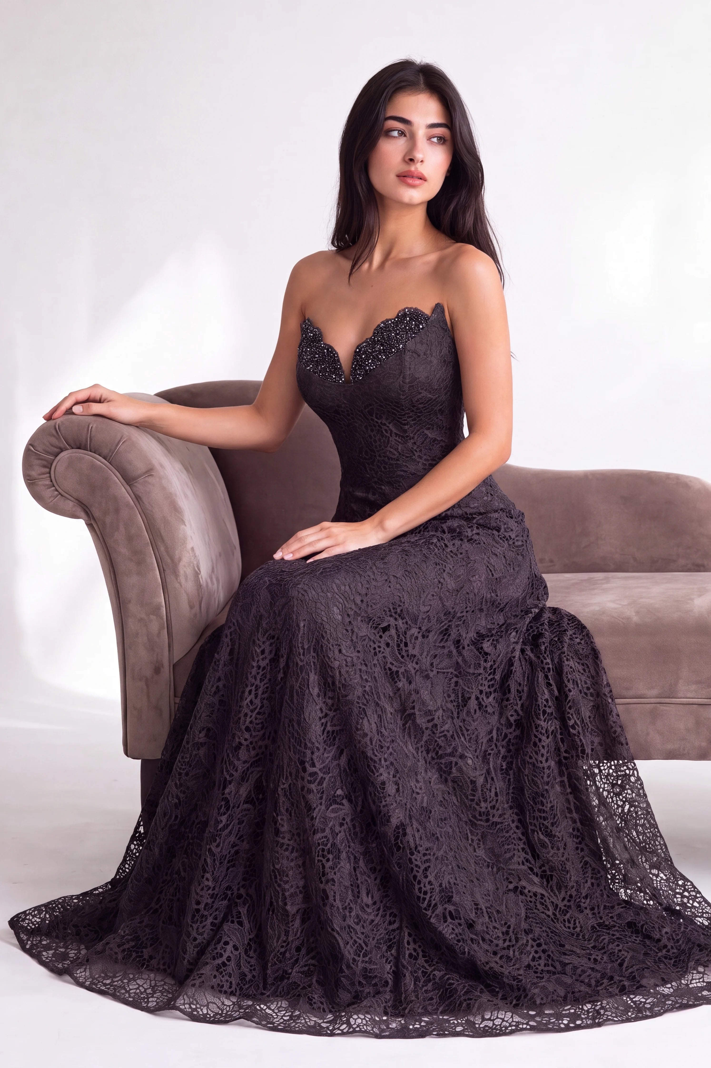 A Line Panels Bended Bust Dantel Dress