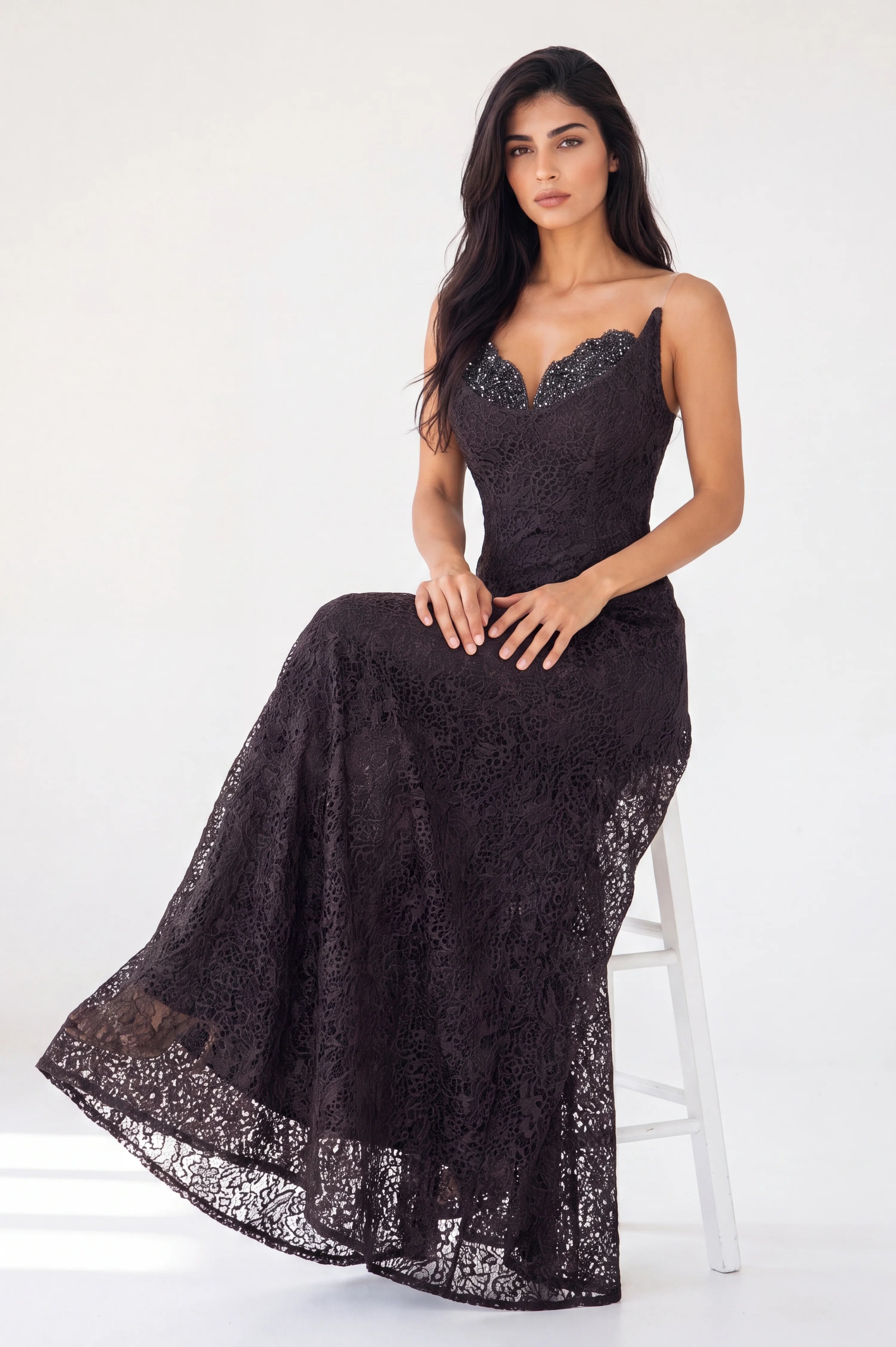 A Line Panels Bended Bust Dantel Dress