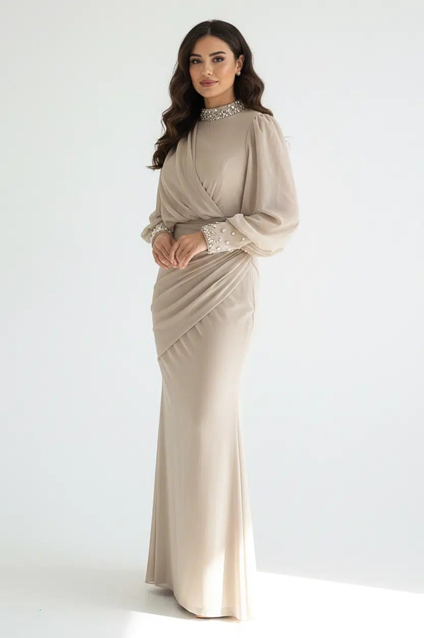 Beaded High-Neck Tulle Dress