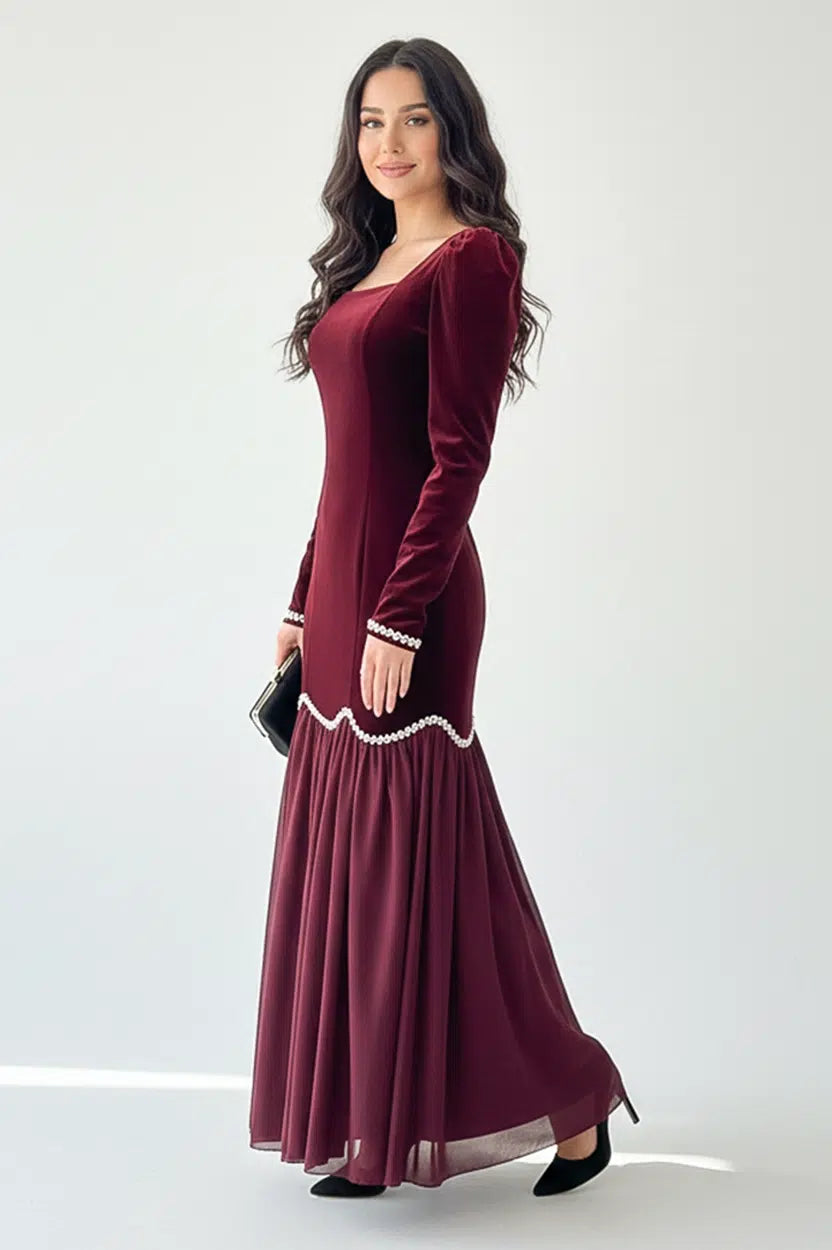 Beaded Low Waist Line Velvet Dress
