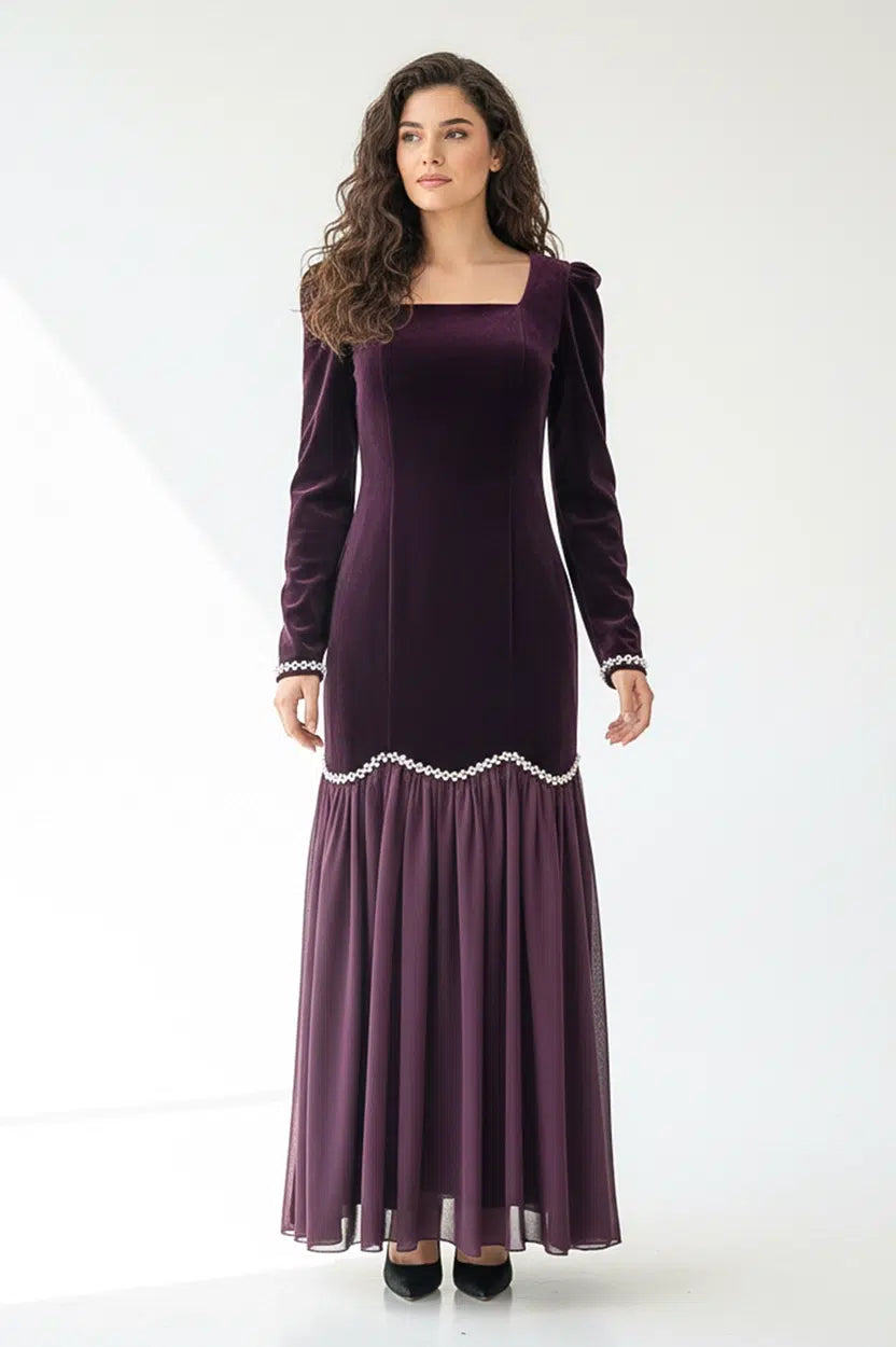 Beaded Low Waist Line Velvet Dress