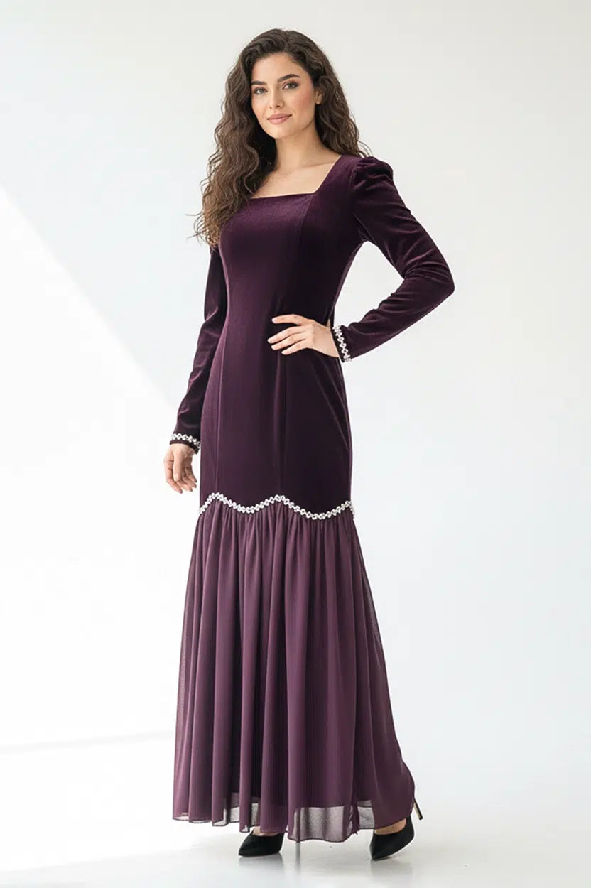 Beaded Low Waist Line Velvet Dress