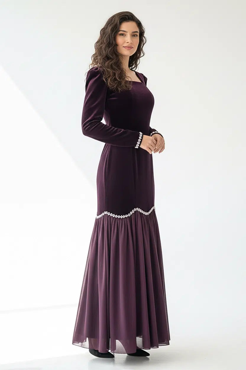 Beaded Low Waist Line Velvet Dress