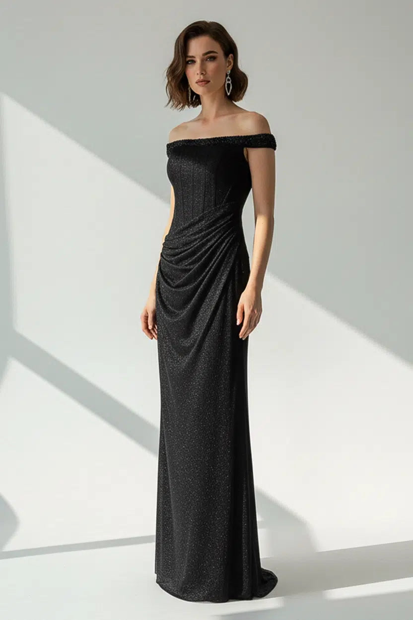 Beaded Off Shoulder Dantel Lame Dress
