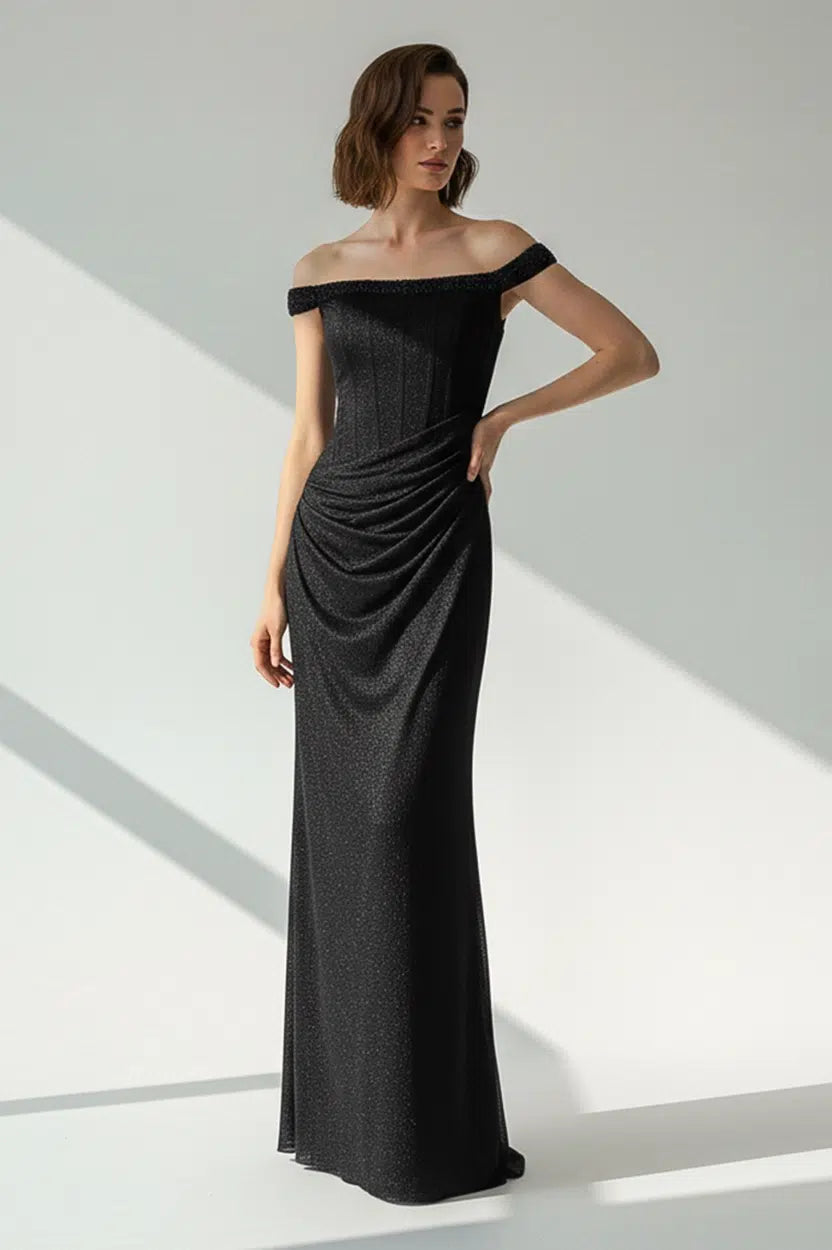 Beaded Off Shoulder Dantel Lame Dress