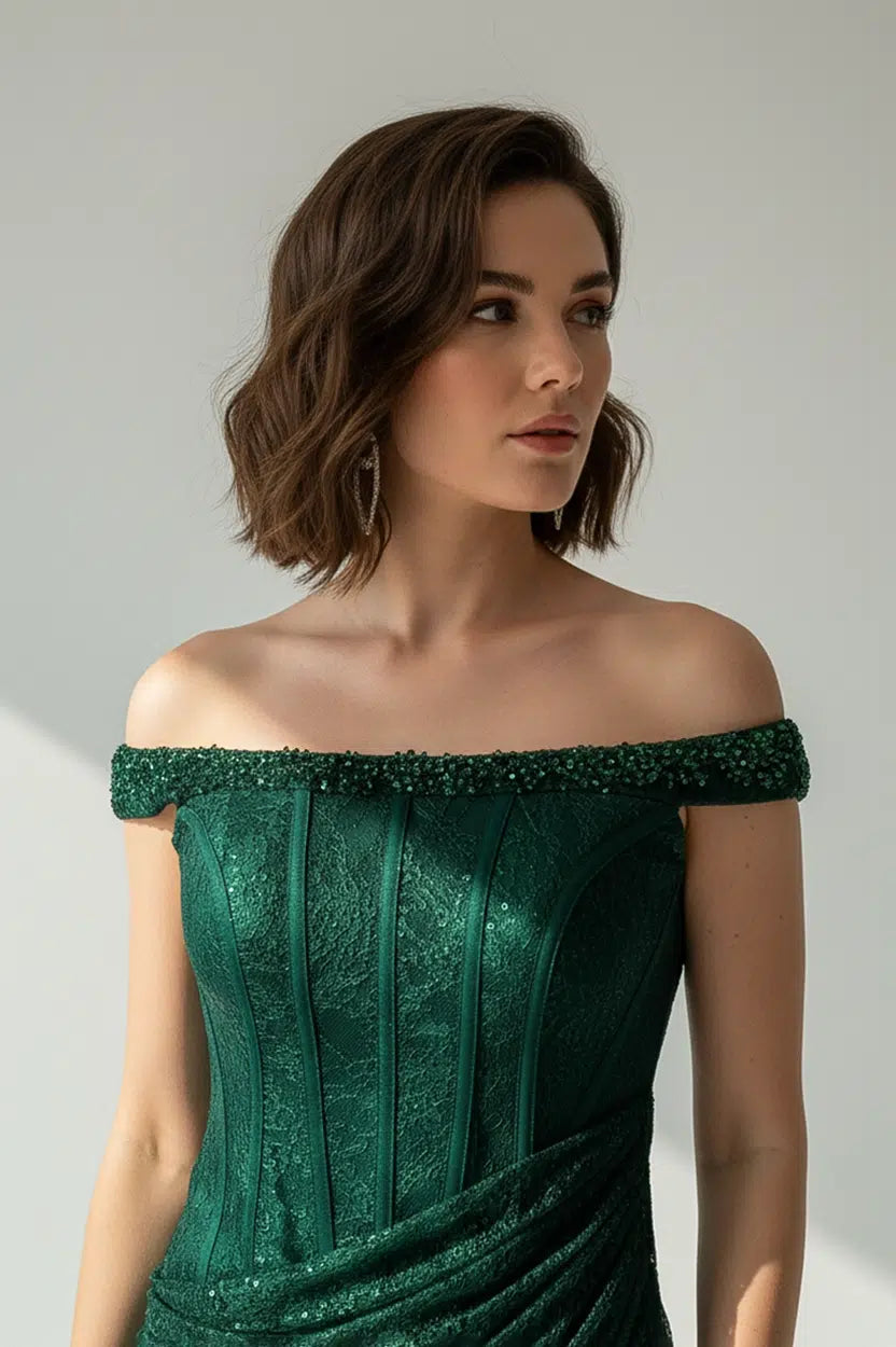 Beaded Off Shoulder Dantel Lame Dress